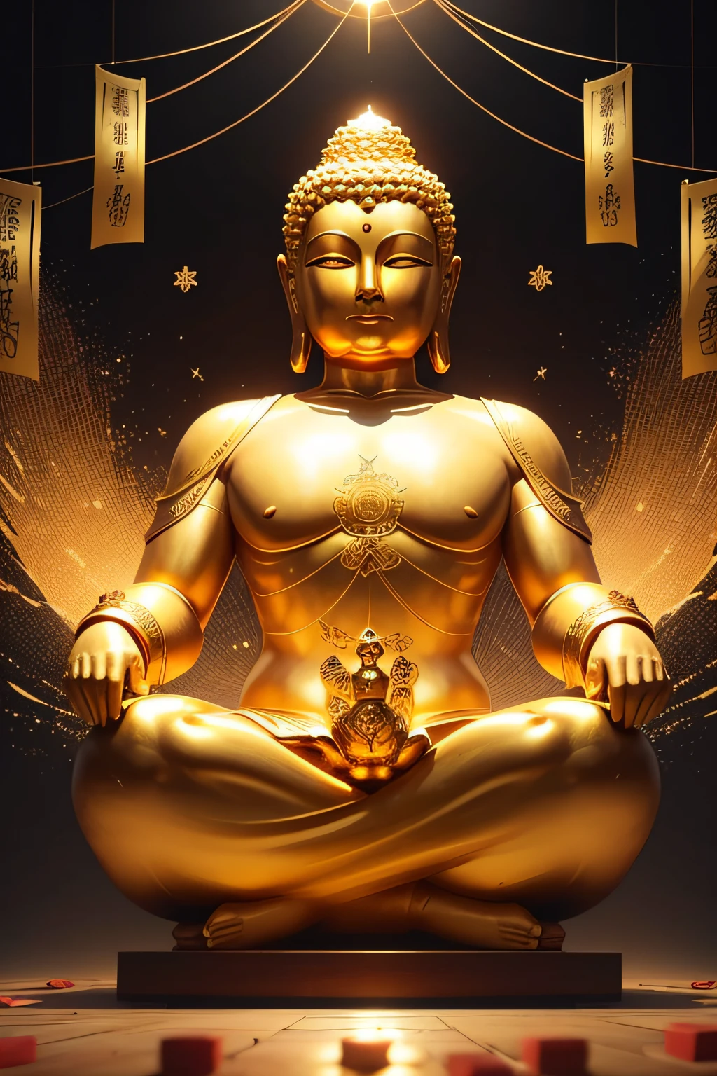A large golden Buddha faces towards us and puts its palms together to pray for better financial luck.、The background is a hexagram and money is falling.、Looks like you'll have good luck with money