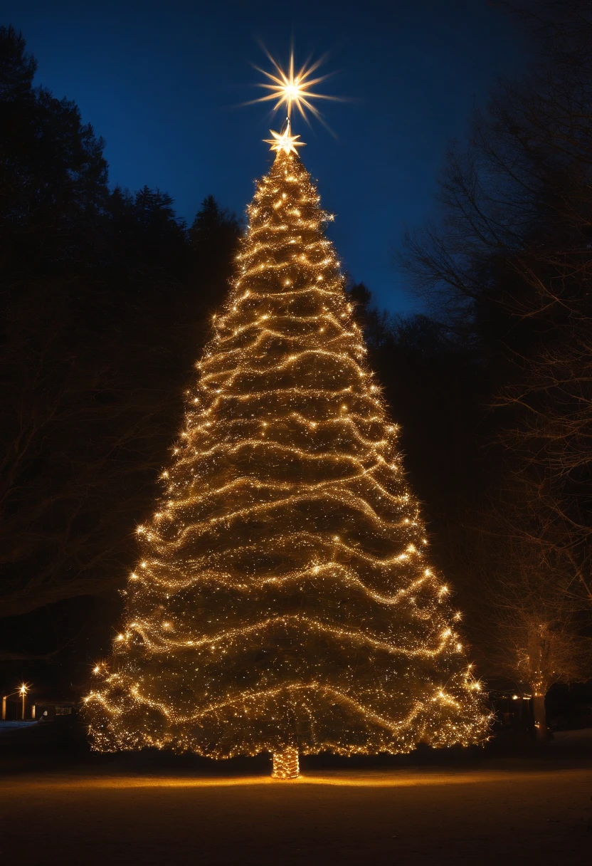 Capture a magical long exposure shot of an outdoor Christmas tree, showcasing the trails of light as people pass by or cars drive past