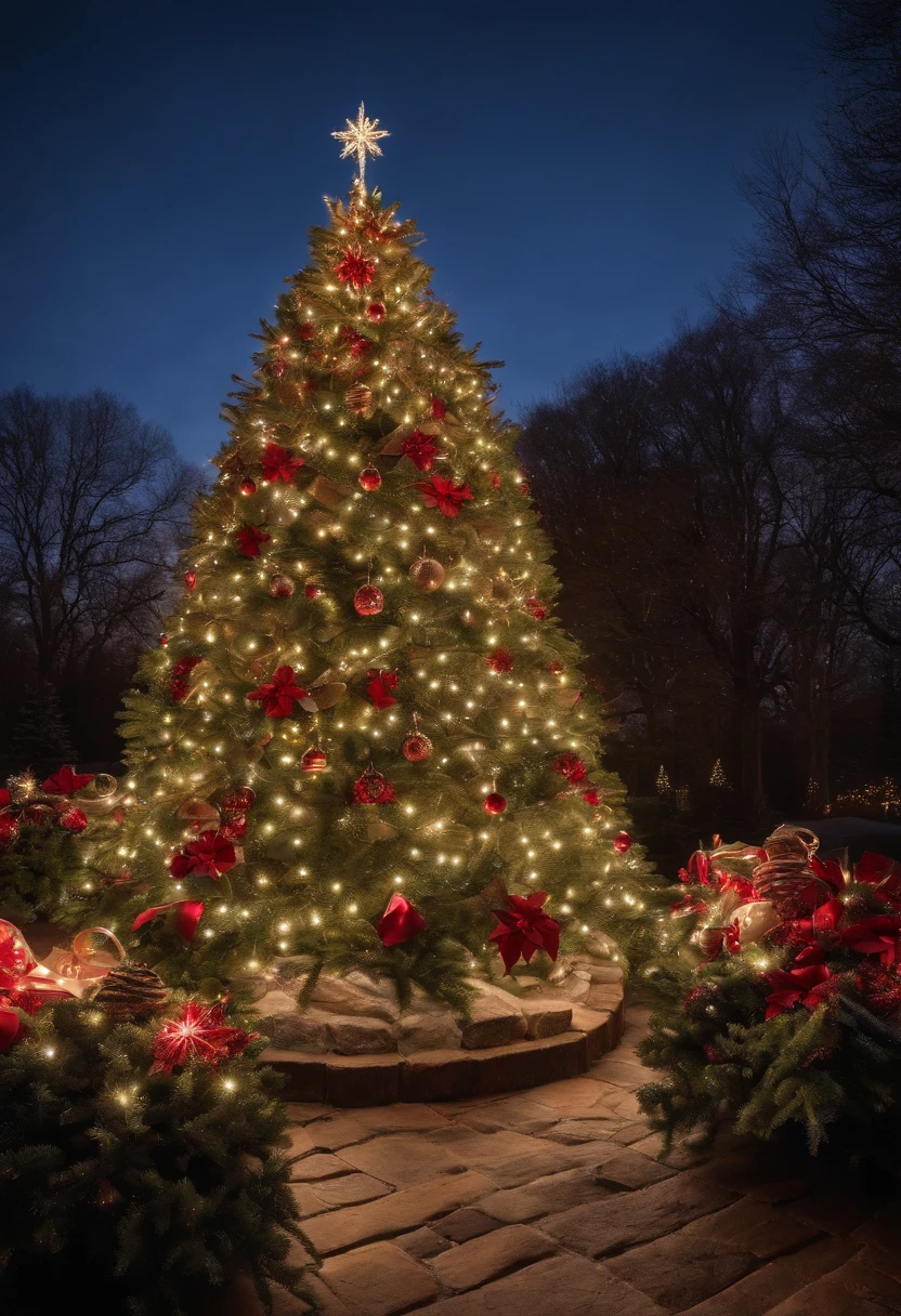 Capture an image of an outdoor Christmas tree with a beautifully decorated surrounding area, such as festive wreaths, garlands, and light displays, creating a visually immersive holiday scene