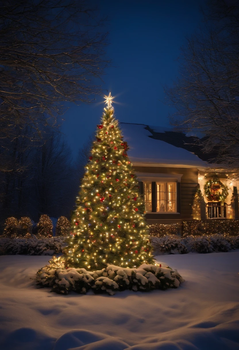Capture an image of an outdoor Christmas tree with a beautifully decorated surrounding area, such as festive wreaths, garlands, and light displays, creating a visually immersive holiday scene