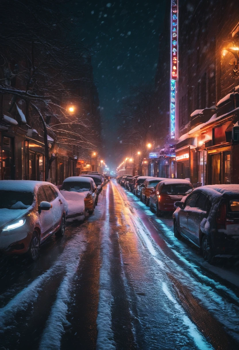 A nighttime cityscape covered in snow, with neon lights reflecting off the icy streets and creating a visually striking and energetic winter background.