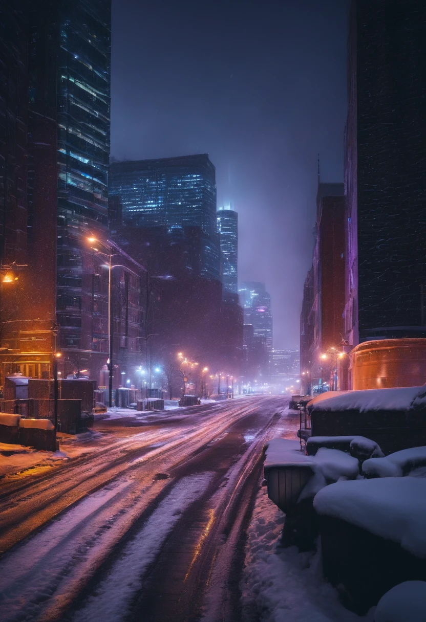 A nighttime cityscape covered in snow, with neon lights reflecting off the icy streets and creating a visually striking and energetic winter background.