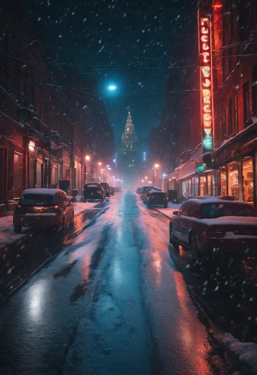 A nighttime cityscape covered in snow, with neon lights reflecting off the icy streets and creating a visually striking and energetic winter background.