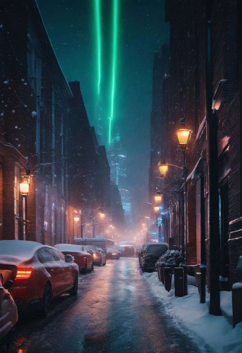 A nighttime cityscape covered in snow, with neon lights reflecting off the icy streets and creating a visually striking and energetic winter background.
