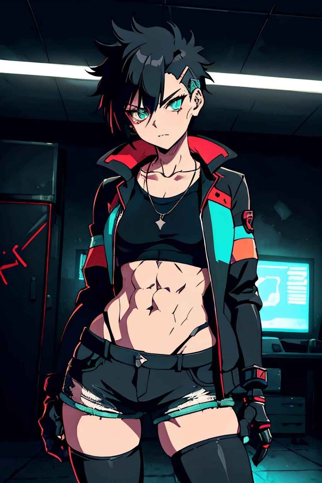 Tomboy, Woman, Short spiky hair, punk hairstyle, (black hair), cyan eyes, cyberpunk theme, jacket, open jacket, black t-shirt under the jacket, exposed abs, exposed tummy, demin shorts, exposed legs, iron necklace, robotic arm, prosthesis arm, cyber hand, iron hand, calm expression, (nighttime), ("Workshop background, 1.3"), Dark place, thong straps,
