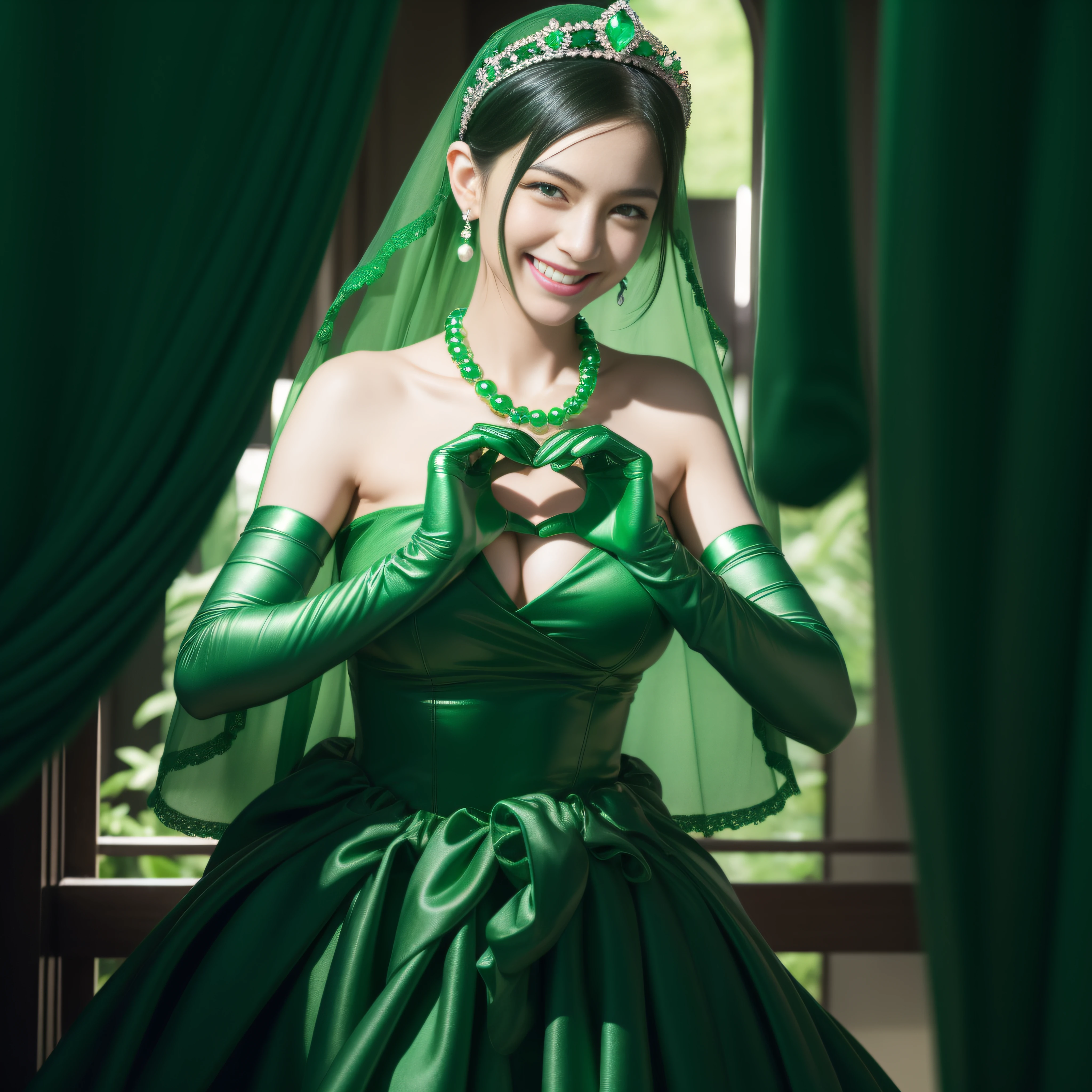 emerald tiara, Green Pearl Necklace, Boyish very short black hair, lipsticks, Japan woman smiling, very short short hair, big breasts beautiful, Green eyes, Long green gloves made of satin material, Green eyes, Emerald Earrings, green vale, Heart with both hands
