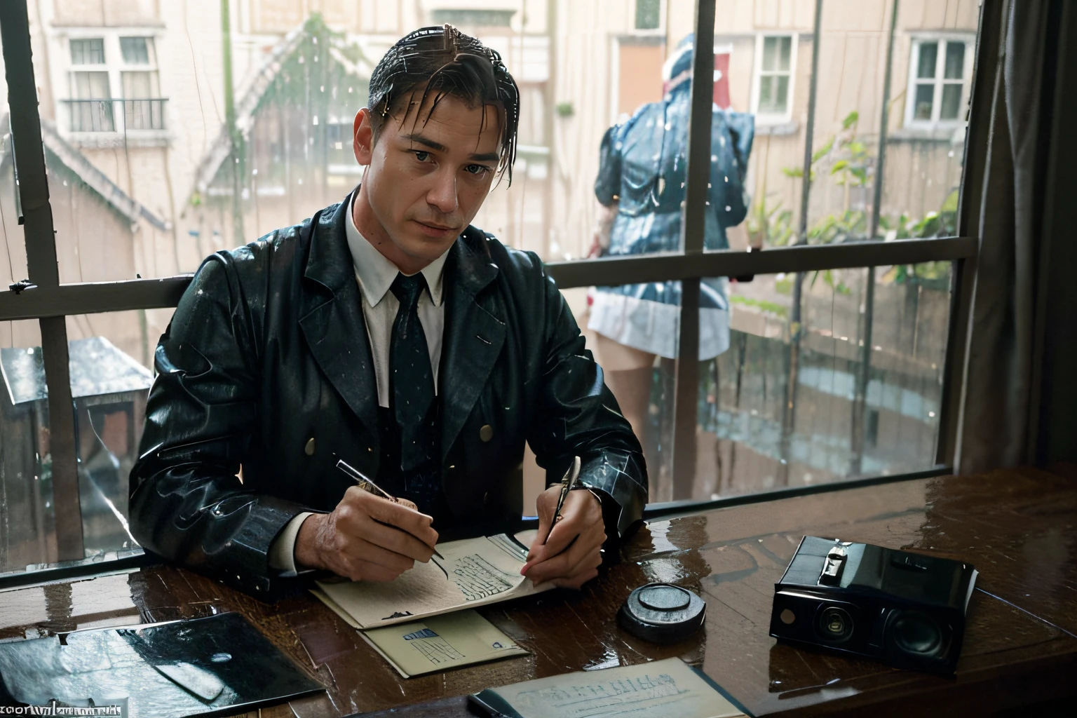 In the village (Brookfield) the detective (((Robert Lyncon with his team)))
  compromising (((letters, photographs and documents))) were found in the victim's house, all spread out on (((on the table))) by (((window))) was seen, (((man))), who was hanging around the village (((Brookfield))) very (((rainy))) with a lot of fog on the (((night of the crime))).