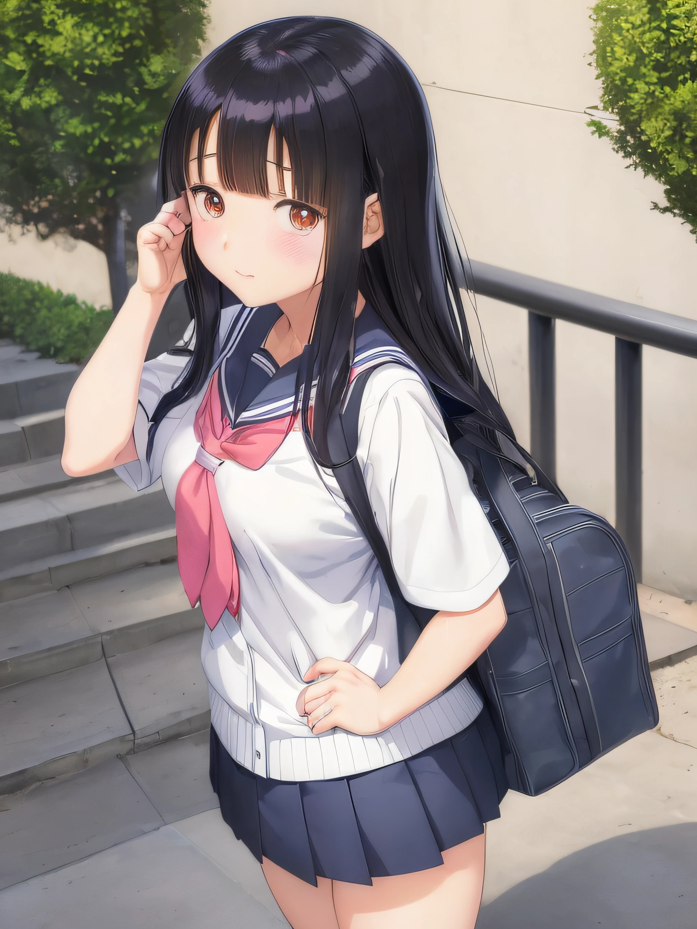 anime girl in a school uniform standing on steps with her hand on her head, anime visual of a cute girl, beautiful anime high school girl, official art, nagatoro, official artwork, a hyperrealistic schoolgirl, marin kitagawa fanart, hinata hyuga, young anime girl, smooth anime cg art, anime best girl, an anime girl