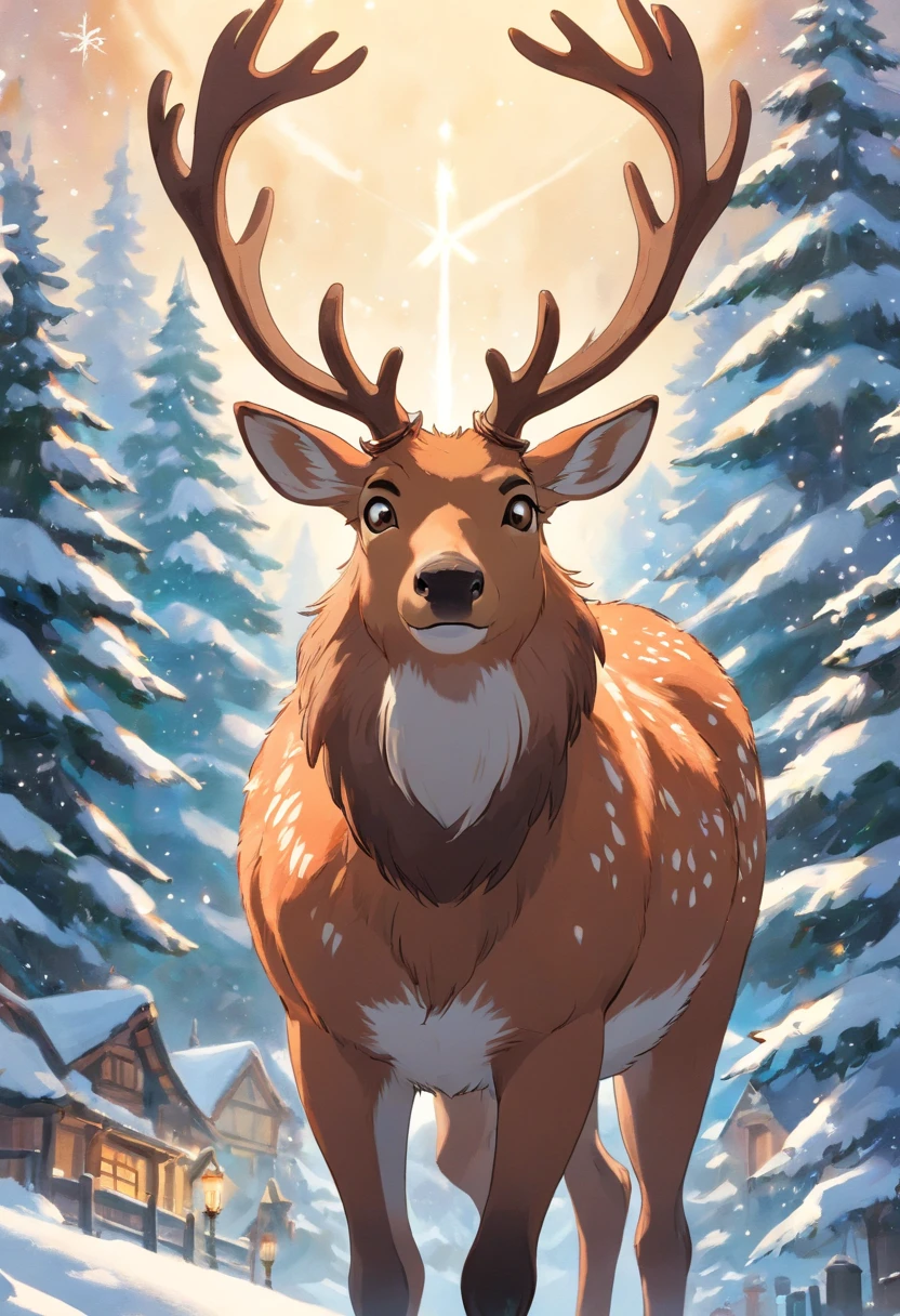 Capture a close-up shot of a majestic Christmas reindeer, focusing on its antlers and capturing the intricate details and textures