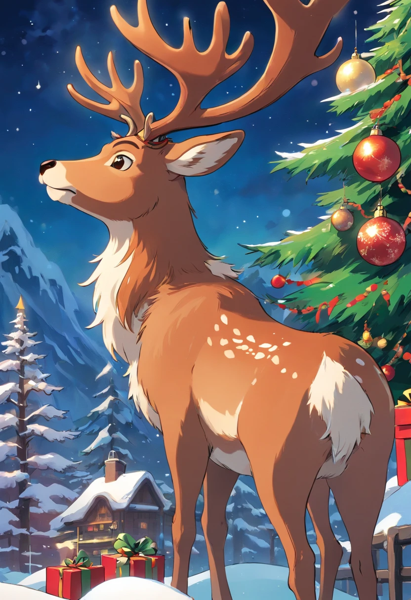 Capture a close-up shot of a majestic Christmas reindeer, focusing on its antlers and capturing the intricate details and textures