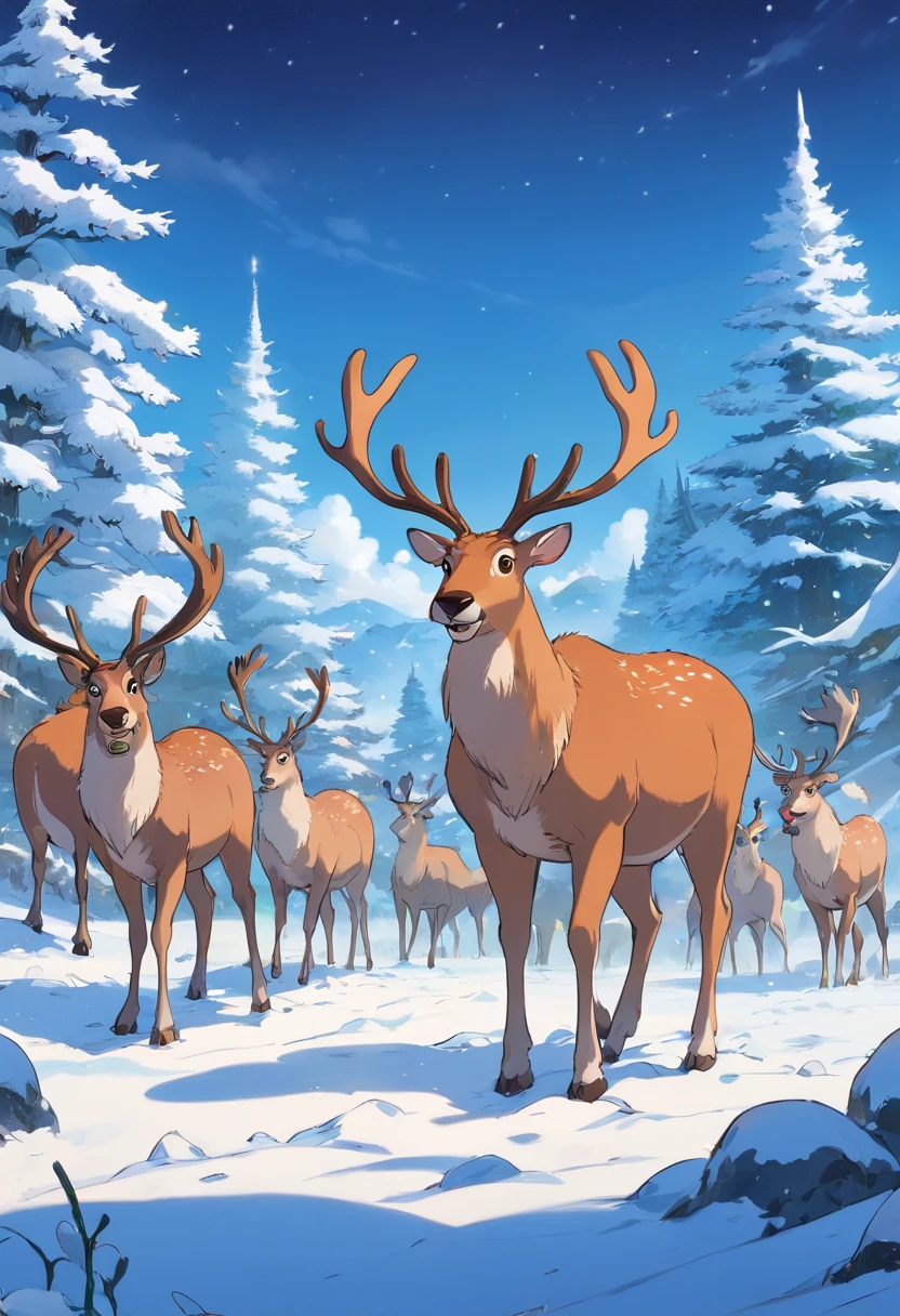 Capture a wide-angle shot of a group of Christmas reindeer grazing in a snowy field, showcasing their natural habitat and the beauty of the winter landscape