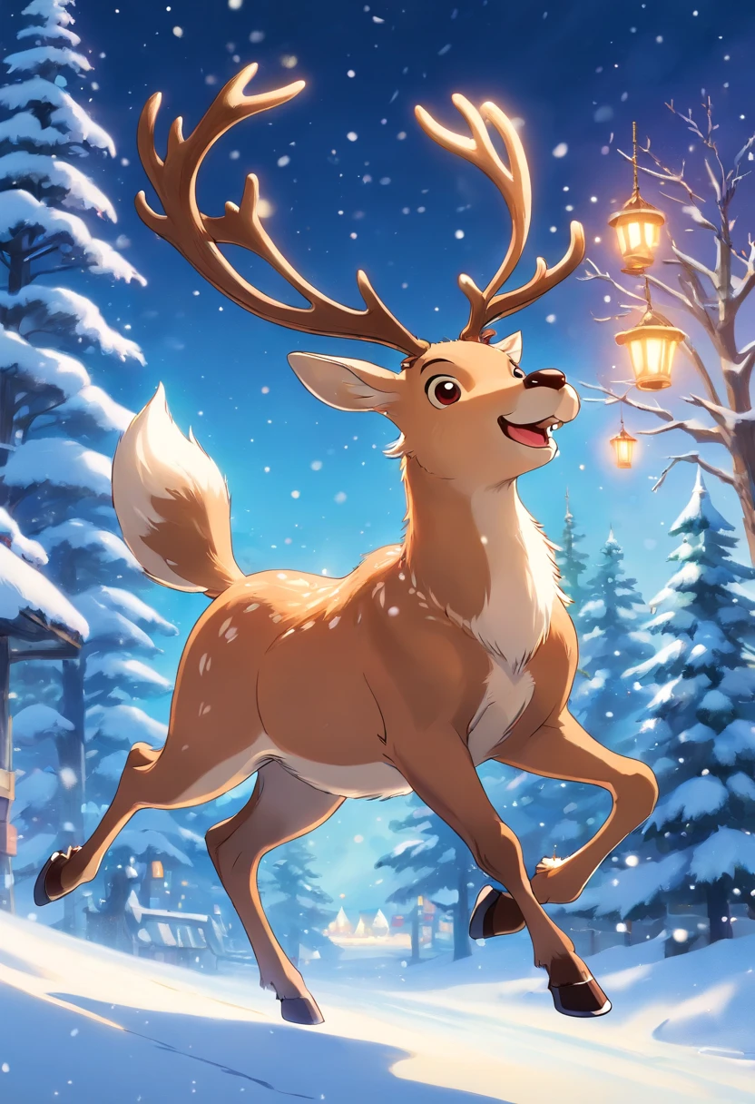 Capture a candid shot of a Christmas reindeer in motion, capturing its grace and elegance as it leaps or runs through the snow