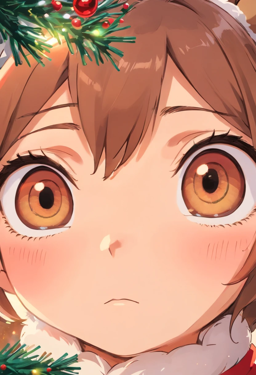 Capture a detail shot of the eyes of a Christmas reindeer, showcasing their depth and expressiveness.