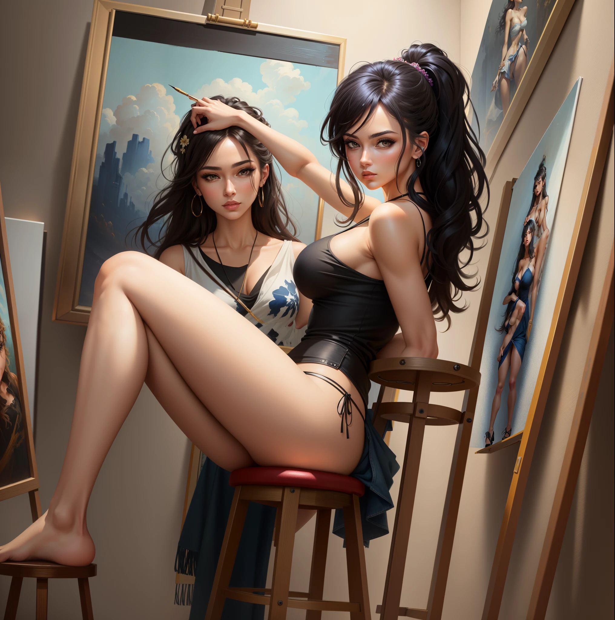 there is a woman sitting on a stool in front of a painting, fully clothed. painting of sexy, an epic painting of an artist, fanart best artstation, painted in anime painter studio, style artgerm, sensual painting, casual pose, in her art room, deviantart artstation cgscosiety, [ 4 k digital art ]!!