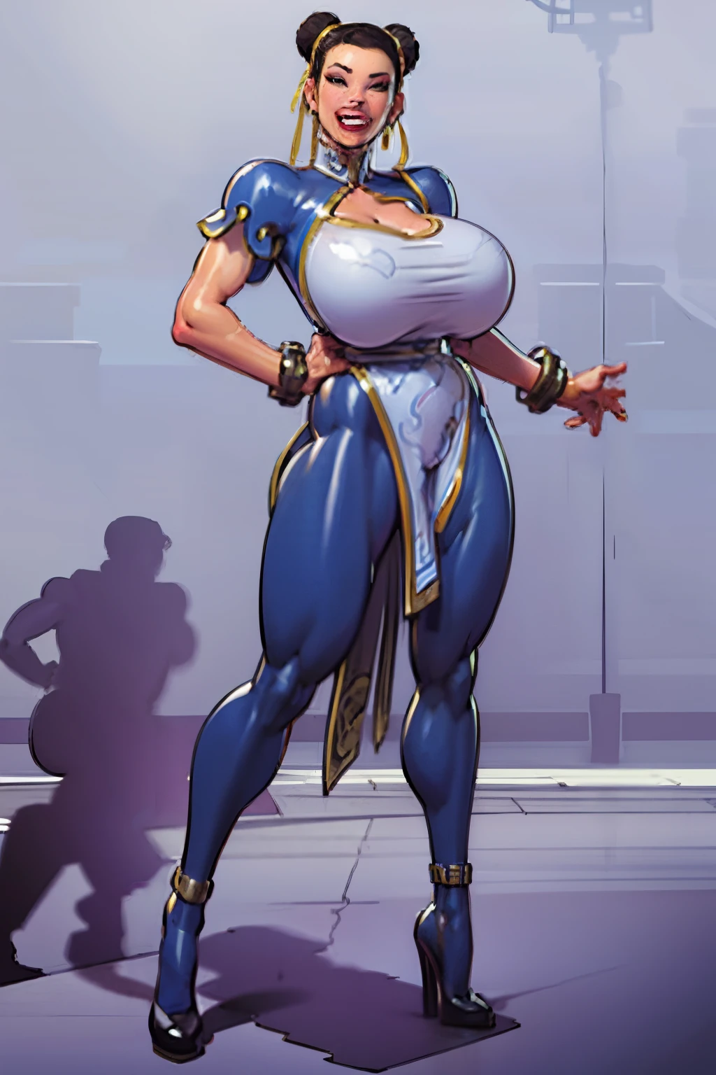 Full body view, Chun-li, from street fighter,(big breast:1.5),dynamic poses, totally wide open her chest,super perfect body curve, hair ribbons, twin hair buns, (gigantic breasts:1.1), S-shaped body,anime waifu (18 years old)-hot daddy-frivolity-body language, fit figure, bad laughing,gorgeous perfect face, realistic style and super detailed renderings, superrealism,kawaii, zbrush, super-realistic oil, contour shadow-process - (Waiting to start)