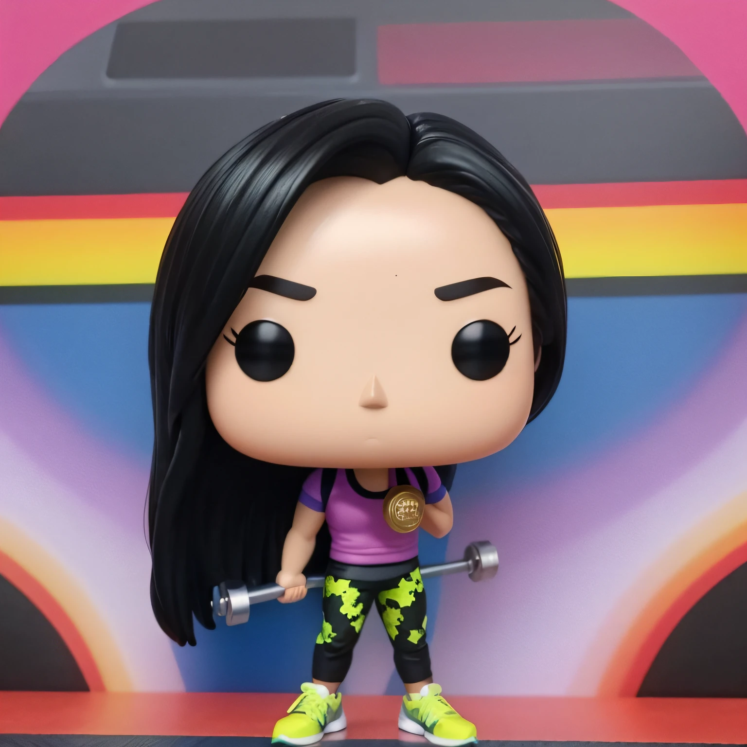 me into a funko pop, gym clothes,dumbbells , high defined face, long black hair, ultra hd