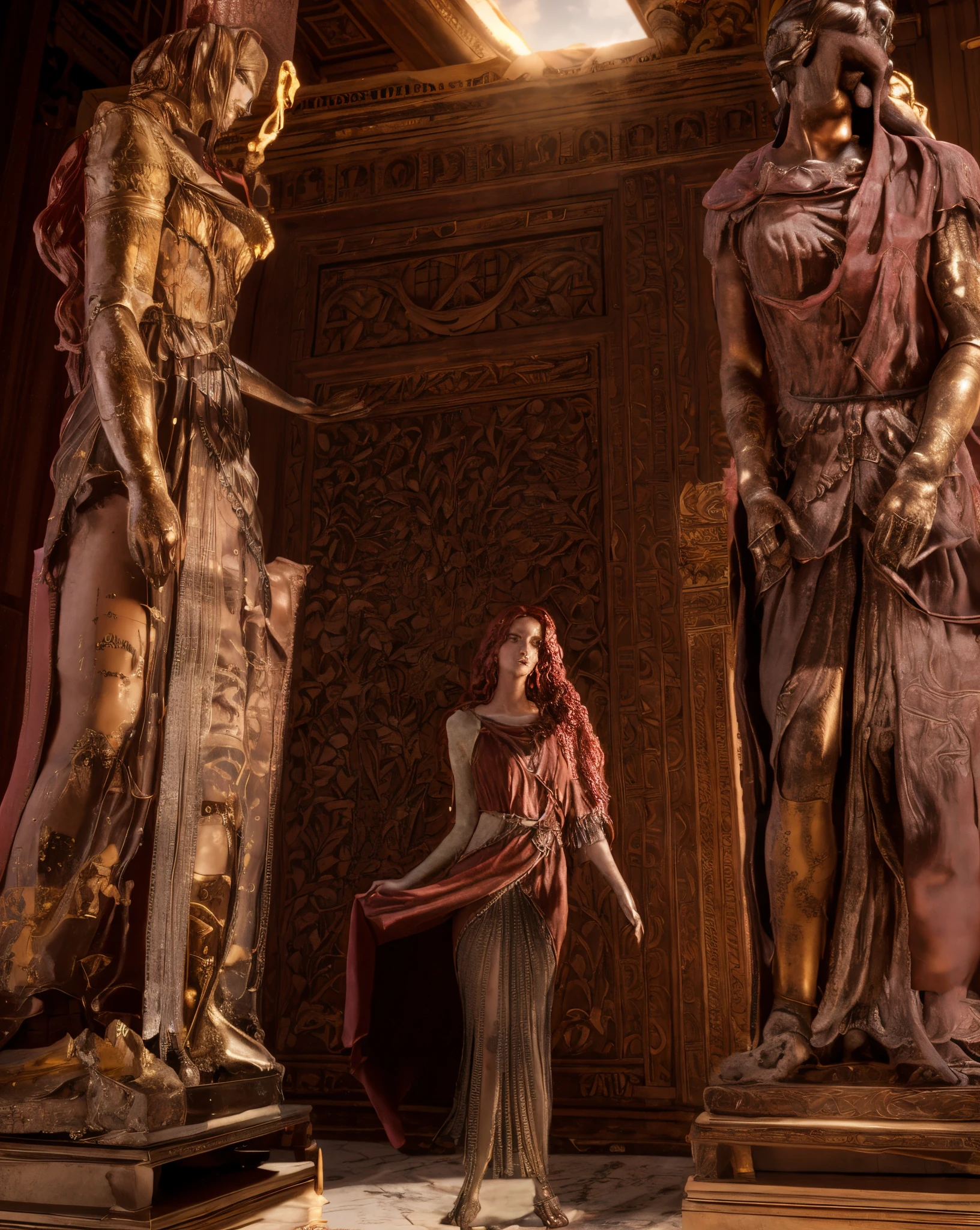 femme arafée dans une robe rouge debout devant une statue, exposé au Louvre, collection du persienne, Déesse romaine, dans un Colisée, Sculpture de Perséphone, Accrochage au Louvre, Vêtus de vêtements romains, photographie du catalogue du Louvre, posant comme une statue, antiquités classiques exposées, Déesse grecque, élégante robe grecque antique, sculptures hellénistiques