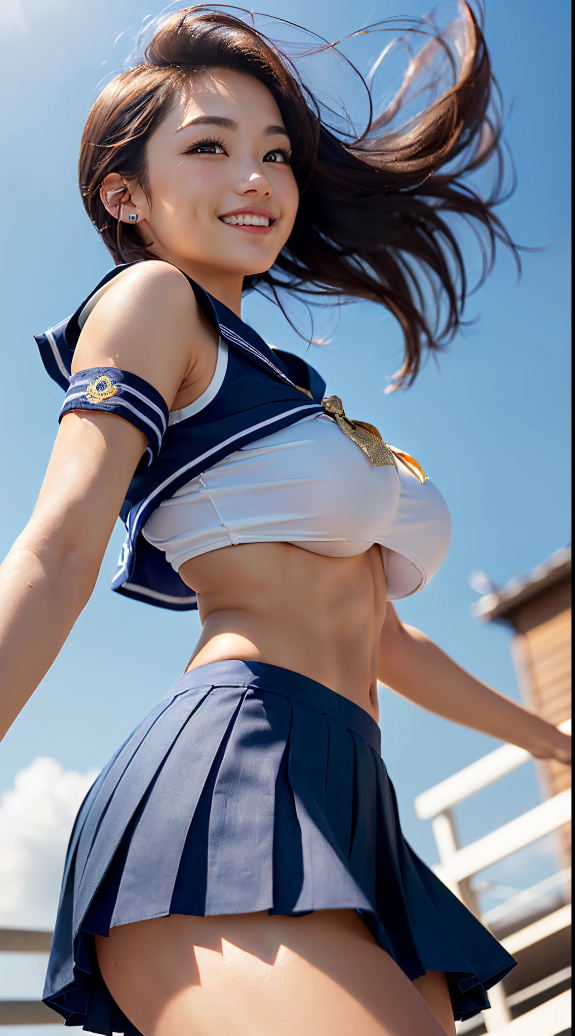 (in 8K、超A high resolution、Best Quality、Photorealsitic、masuter piece、The ultra -The high-definition、top-quality:1.1),(18year old:1.1)(hi-school girl、a sailor suit、Navy Pleated Mini Skirt、Gold T-back、Hide all breasts、quite massive chest、Pretty big breasts、toned body:1.3)(Brown-haired short-haired、Japan Cute Woman、Brown skin with a pretty tan、appearance々Pose:1.23)、Cute smile(windy up skirt、up skirt panties、Miniskirt fluttering in the wind:1.5)