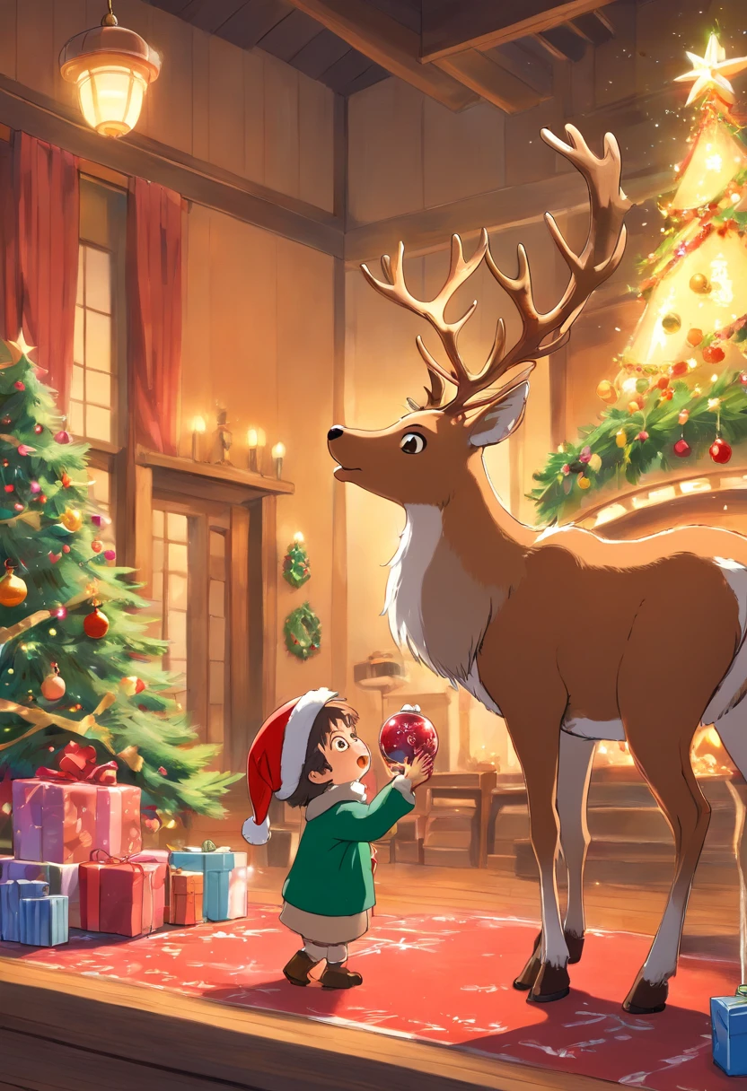 Capture a playful shot of a Christmas reindeer interacting with a holiday prop or ornament, capturing their curiosity and charm