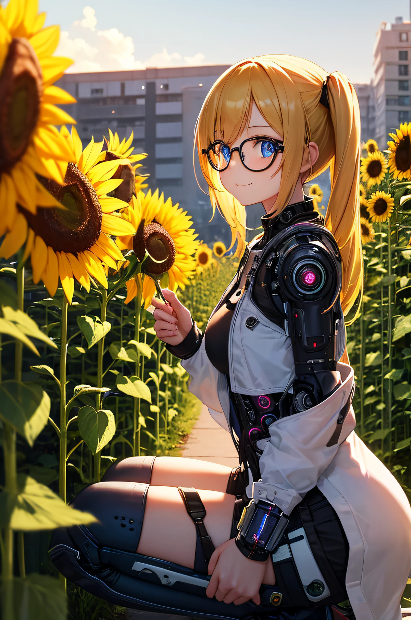 Imagine the girl, her blonde hair styled in two side twintails, crouched down in a cyberpunk environment. Her eyes light up with happiness as she beholds the singular sunflower standing resilient in this futuristic landscape, illuminated by abundant sunlight. The round glasses accentuate her captivating blue eyes, reflecting a mix of innocence and genuine joy.
In this world of metallic structures and neon lights, the lone sunflower becomes a beacon of hope. The girl's expression exudes a profound sense of happiness and appreciation, seeing JUST ONLY A sunflower but a possibility—a chance for nature to flourish once again. This singular bloom represents the potential for life to reclaim its space amidst the artificial creations of the cybernetic realm.
The vibrant yellow bloom of the sunflower becomes a symbol of renewal, and the girl envisions a future where nature can thrive in a place seemingly devoid of its presence. The scene captures a moment of optimism as the girl contemplates the possibility of fostering life and growth in a cyberpunk environment.