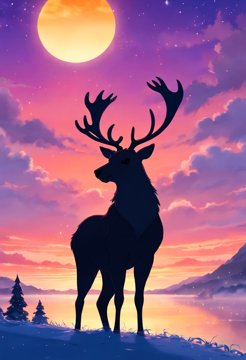 Capture a silhouette shot of a Christmas reindeer against a colorful sunset or twilight sky, creating a striking and dramatic image