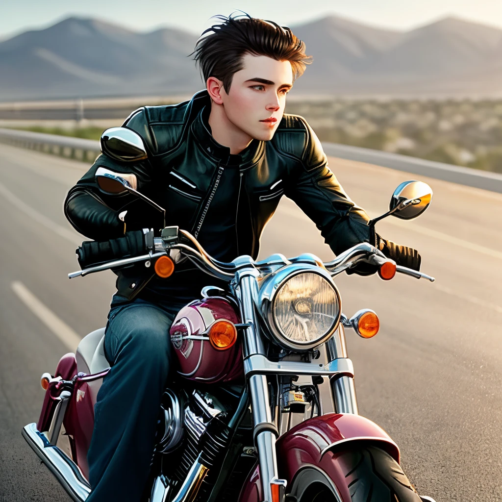 White male, 40s, dark hair, wearing a black motorcycle vest on a black Haley Davidson motorcycle cruising down the road