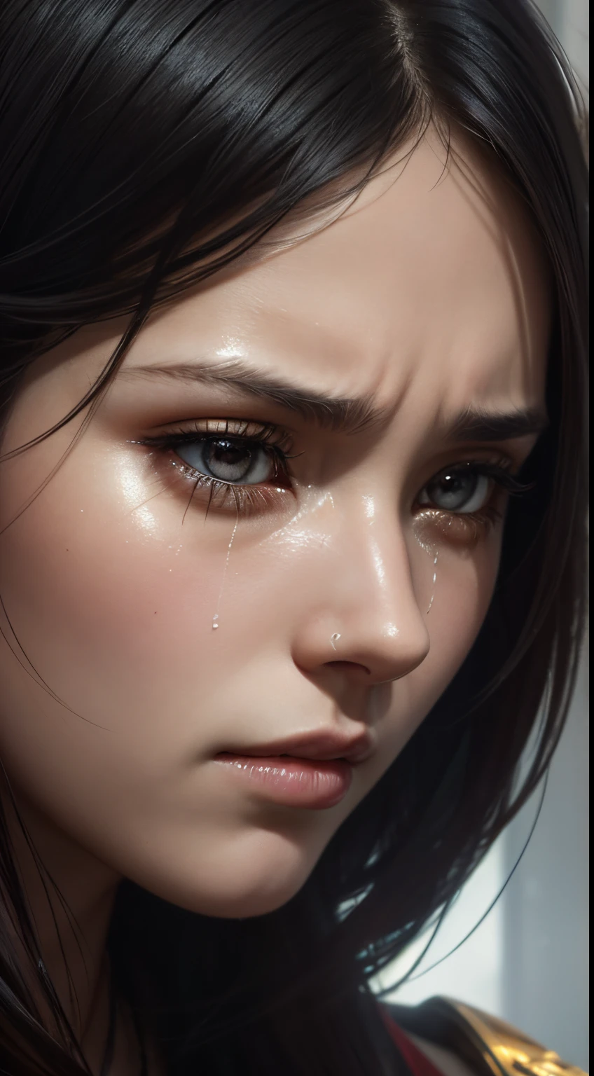 A close-up portrait showcasing the unique personality and features of an individual, 32K, highly detailled, beautiful 25 years old girl crying, sadness, one cleartear, trending on artstation, sharp focus, studio photo, intricate details, highly detailed, by greg rutkowski
