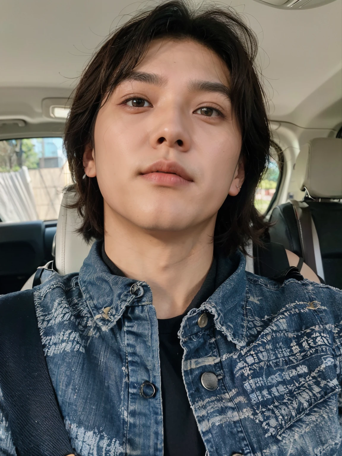 There's a man in a denim jacket sitting in a car, Cai Xukun, Hyung Tae, TaeJune Kim, Jinyoung Canela, Steven Jung, taken in the early 2020s, Hong June Hyung, XQC, Araki, Kim Doyoung, Jungkook, foto de perfil, brilhante da chuva, Seseon Yoon, Hyung Tae Kim