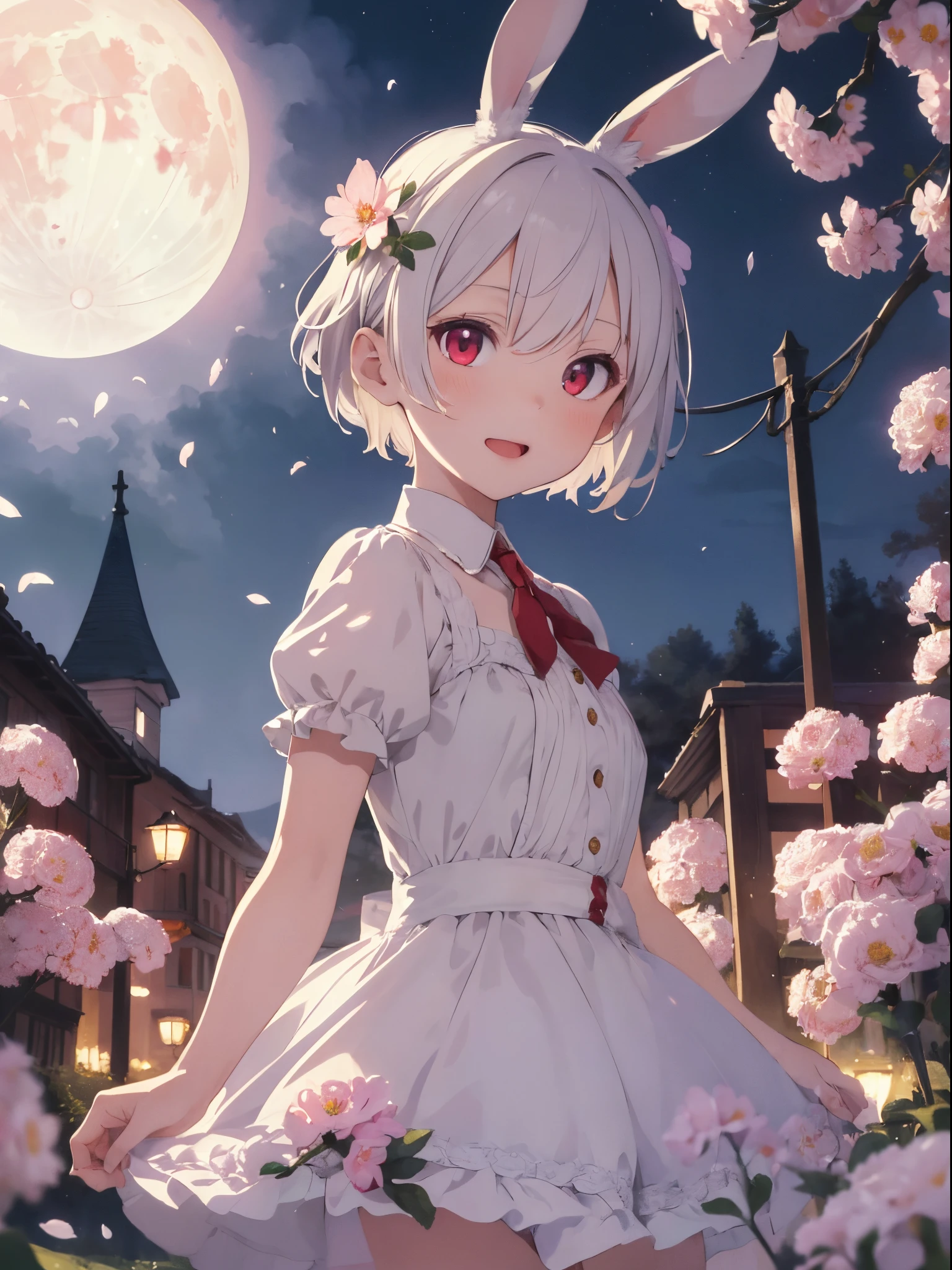 (masterpiece, best quality:1.2), illustration, absurdres, highres, extremely detailed, 1 ite girl, white short hair, rabbit ears, red eyes, eye highlights, dress, short puffy sleeves, frills, outdoors, flower, fluttering petals, upper body, (moon:1.2), night, depth of field, (:d:0.8),