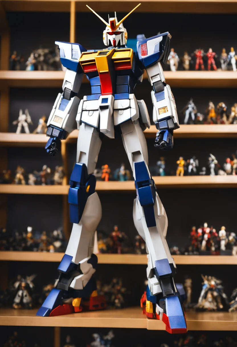 A photo of a custom-built Gundam model standing tall and proud on a shelf, surrounded by other anime figurines.,original,skinny, bad skin, long hair, greasy hair, ferrety face, wispy moustache
