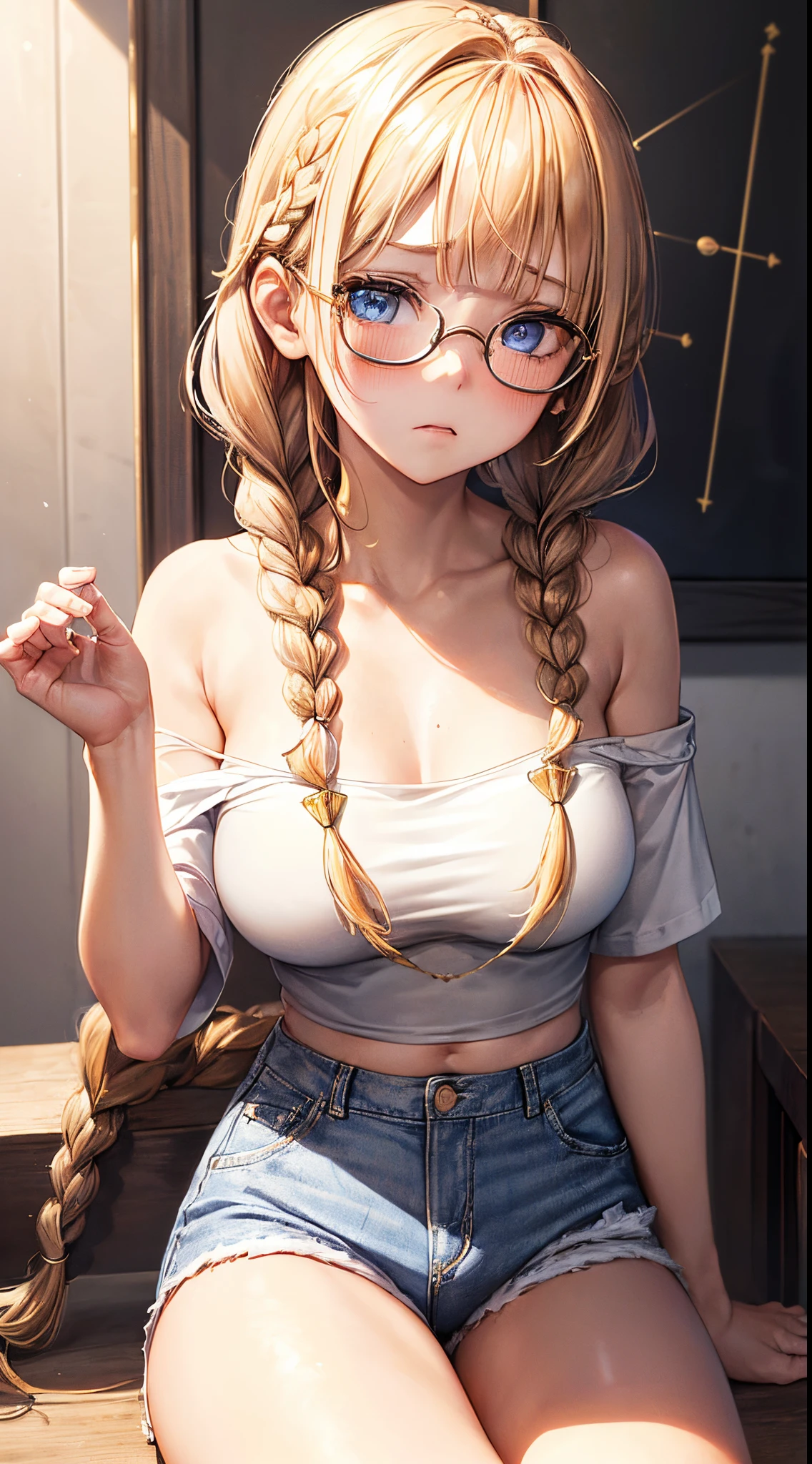 1womanl,Golden head hair, ,((Impatient expression)),Beautiful breasts,((White Tube Top T-Shirt,shortskirt, whitestring)),Slender style,,(Facing the front)(((Blushing cheeks、Surprised look)),(((Braids))),((( Portrait on the knee)))Frameless glasses,Blue eyes,(((Bangs are aligned)))(())