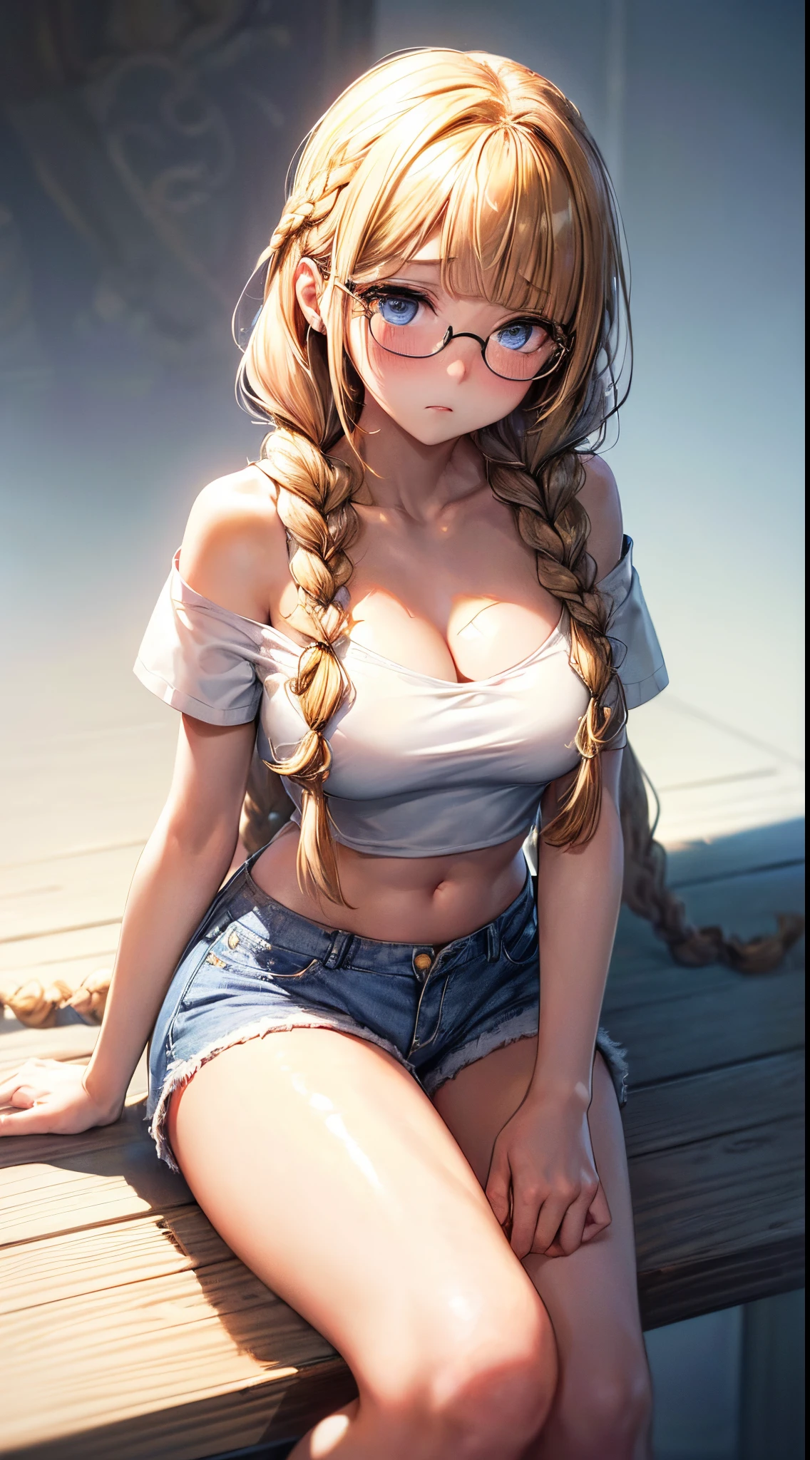 1womanl,Golden head hair, ,((Impatient expression)),Beautiful breasts,((White Tube Top T-Shirt,shortpants)),Slender style,,(Facing the front)(((Blushing cheeks、Surprised look)),(((Braids))),((( Portrait on the knee)))Frameless glasses,Blue eyes,(((Bangs are aligned)))(())