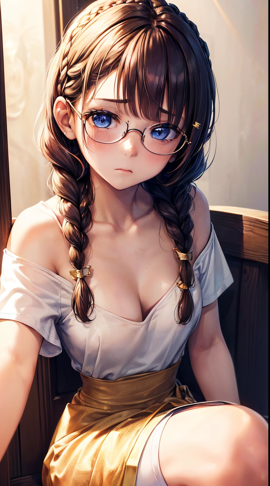 1womanl,Golden head hair, ,((Impatient expression)),Beautiful breasts,((White Tube Top T-Shirt,falda corta)),slender style,,(Facing the front)(((Blushing cheeks、Surprised look)),(((Braids))),((( Portrait on the knee)))Frameless glasses,Blue eyes,(((Bangs are aligned)))(())