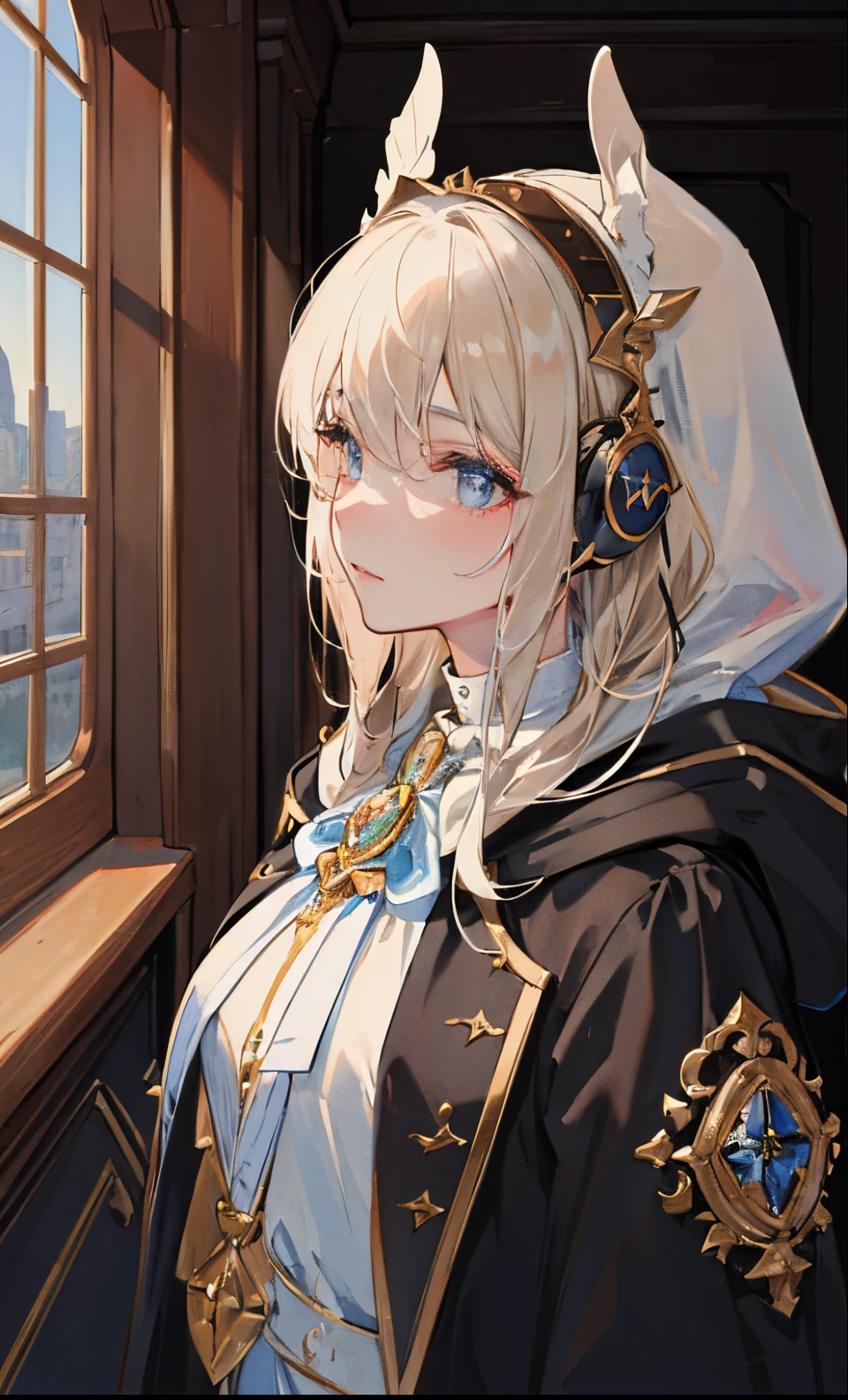 (Masterpiece, side lighting, Ultra-detailed, finely detailed beautiful eyes: 1.2), 1fille, sac, building, From the side, casque, capot, hood down, hooded jacket, hoodie, veste, cheveux longs, cheveux marron , profil, cheveux brun, seulement, train, train interior, Haut du corps, Masterpiece, Best quality