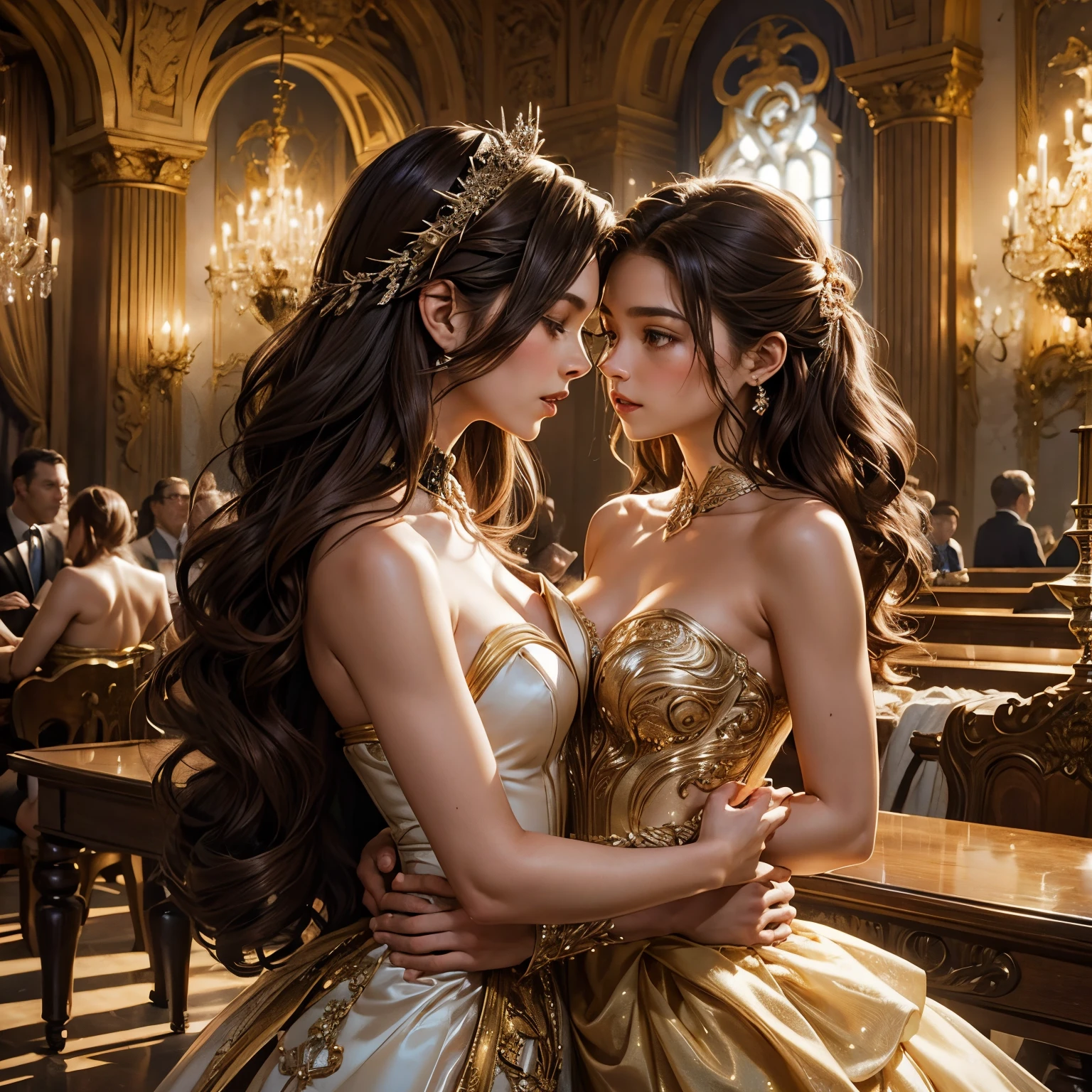 (masterpiece, best quality:1.5), highest quality, High resolution, super detailed, realisti, Full body photo of the brunette princess, detailed and beautiful eyes, beautiful detailed lips, very detailed eyes and face, longeyelashes, Princess in bronze and purple royal dress, Beautiful and colorful makeup, elegant and noble々Pose,shiny crown and jewels, Royal gardens as background, soft daylight, bright colors, fine brushstrokes, Portrait style, Exquisite details in the dress fabric, beautiful color palette, glowing skin, First-class rendering, that captures every detail, enchanting atmosphere, subtle shadows and lights, (perfect anatomy:1.2), (Two stunning princesses are deeply in love:1.4), (kiss:1.2), (magnificent panorama view:1.2)