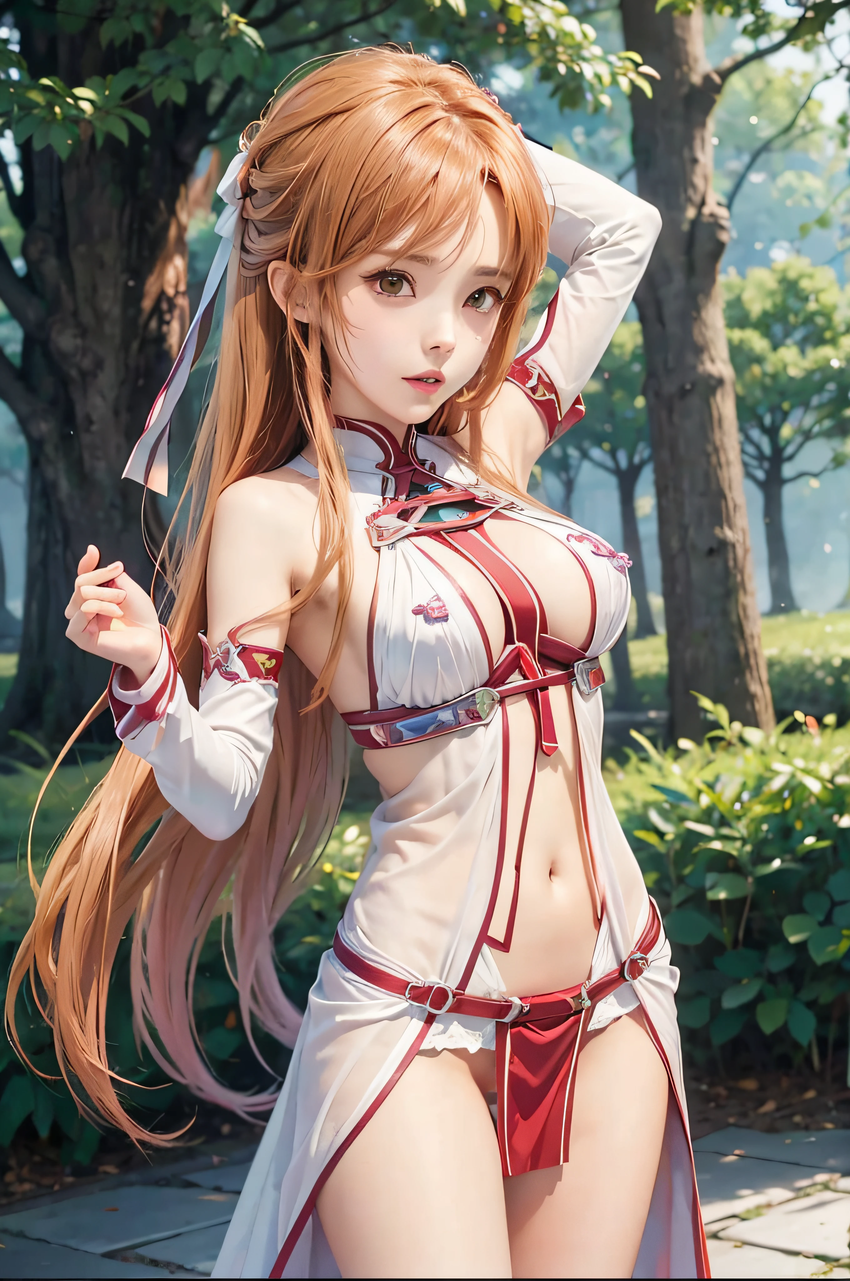 Realistic, Asuna Yuuki, ultra detalhe,{Asuna Yuuki(Arte de Espada Online)}, 1girl, obra prima、qualidade superior、NSFW, {seminua、topless、Mamilos cor-de-rosa、naked dance、metamorfose、Um esguio、