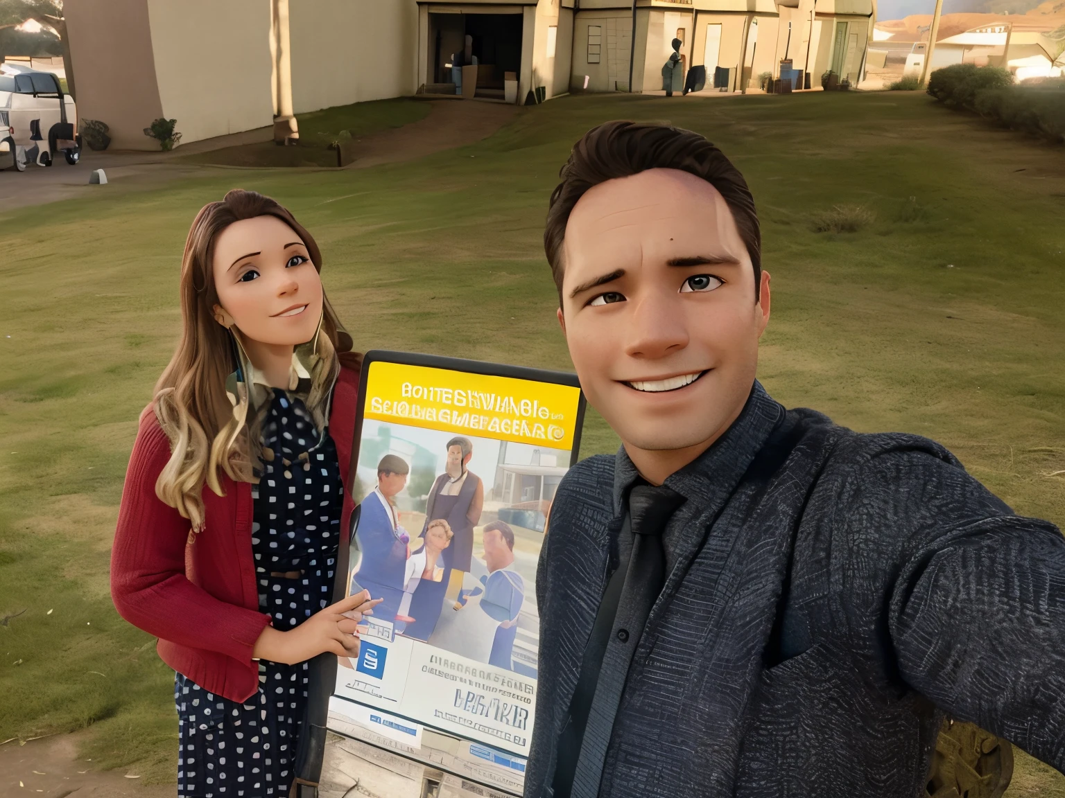 a man and a woman taking a selfie with a Jehovah's Witnesses cart