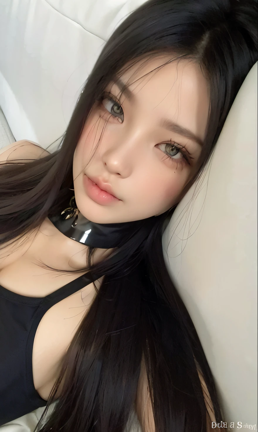 a close-up of a woman lying on a sofa wearing a collar, com cabelos longos e olhos penetrantes, com olhos verdes, imagem vazada, cruel korean goth girl, jennie blackpink, dilraba dilmurat, usando gargantilha preta, pale fair skin!!, rosto sexy com maquiagem completa, sexy look at the camera, Tifa Lockhart