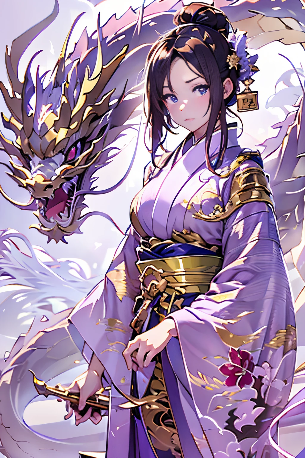 masuter piece、ultra-detailliert、hight resolution、８Ｋ、one girls、Light purple kimono、White background、A deformed dragon behind