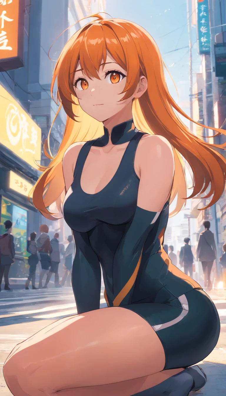 1 female、Orange hair、huge breasts、huge ass、Black catsuit、yellow eyes、Large, thick thighs、Short Bob、wide hips、pantyhose