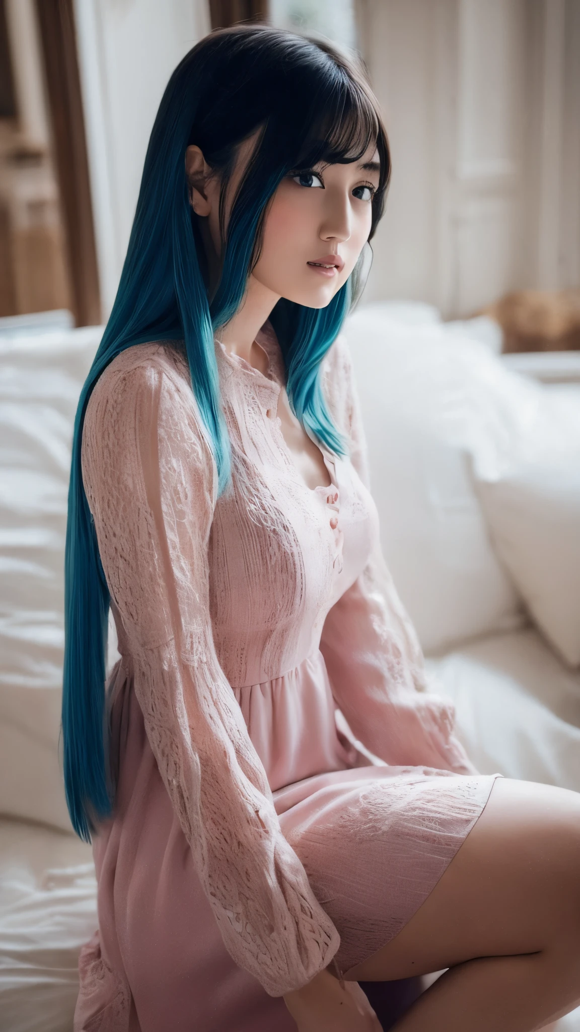 girl with, Long hair, Blue hair, aqua, Princess, Wearing a dress, Blush face,