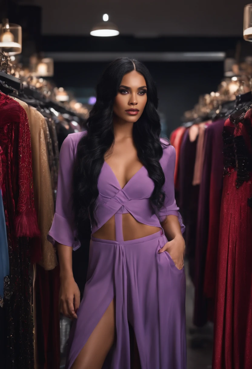 Young Latina woman with very long hair wearing long purple lace dress flashing her tits.