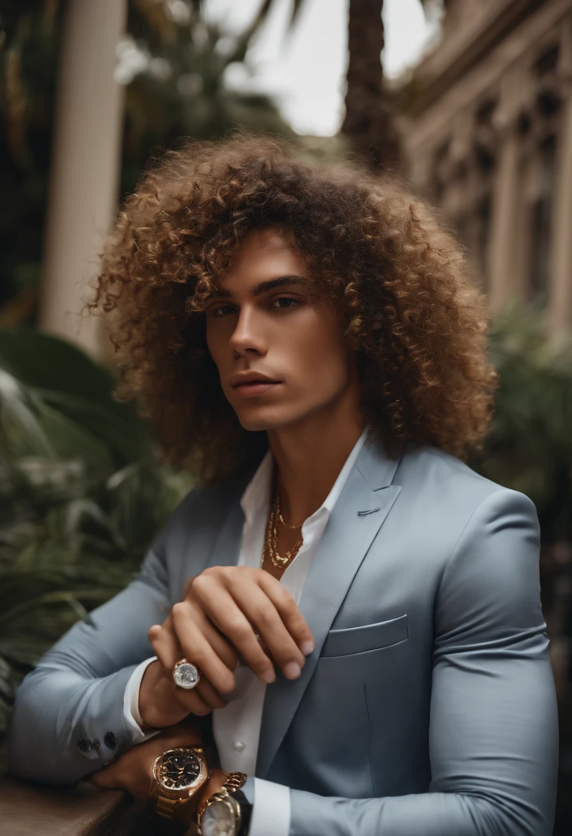 The image is of the character posing next to a shiny new Rolex watch in a luxury watch store.,original,25 years old, has shaved sides but curly hair on top. Lives in Miami. Drives a g wagon,
