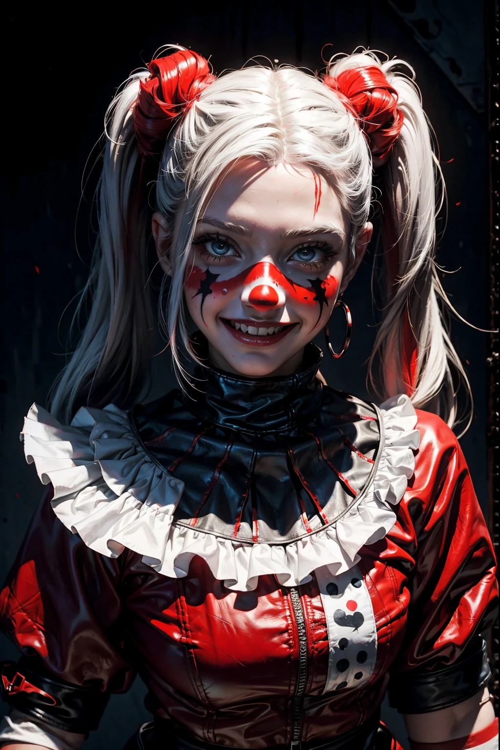Macabre. an oil painting of dark figure, a teen girl clown smiling with red paint. tight leather shorts. white hair in twintails. dark ambient. background a dark room with clown masks.