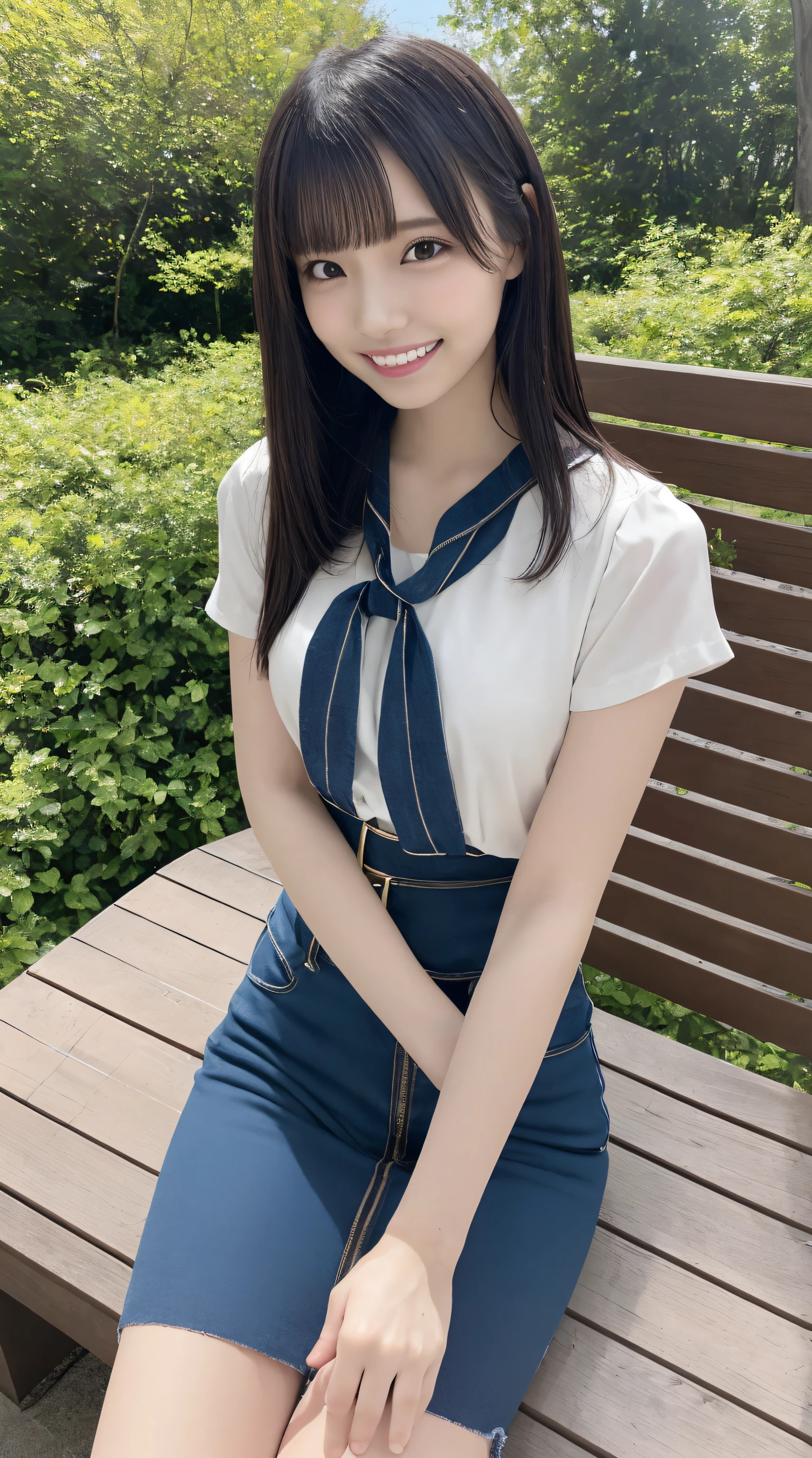 (Best Quality, masutepiece, Ultra HD: 1.3, High brightness, High color saturation), 1girl in, (middlebreasts), light brown hair, Asymmetrical hair, straight haired, Long hair, ( slender body shape, Constricted waist), (Ultra Fine Face), Delicate lips, (beautidful eyes), thin blush, eyes are brown, perfect glossy skin, View here, Smiling smile, ( hide one's hands), (Sitting on a bench), (thin and long legs, Thighs and toes:1.5), See-through white blouse, White tight skirt, (White pumps), (a japanese girl, hposing Gravure Idol), Broad-leaved forest, 135 mm, Fuji Film