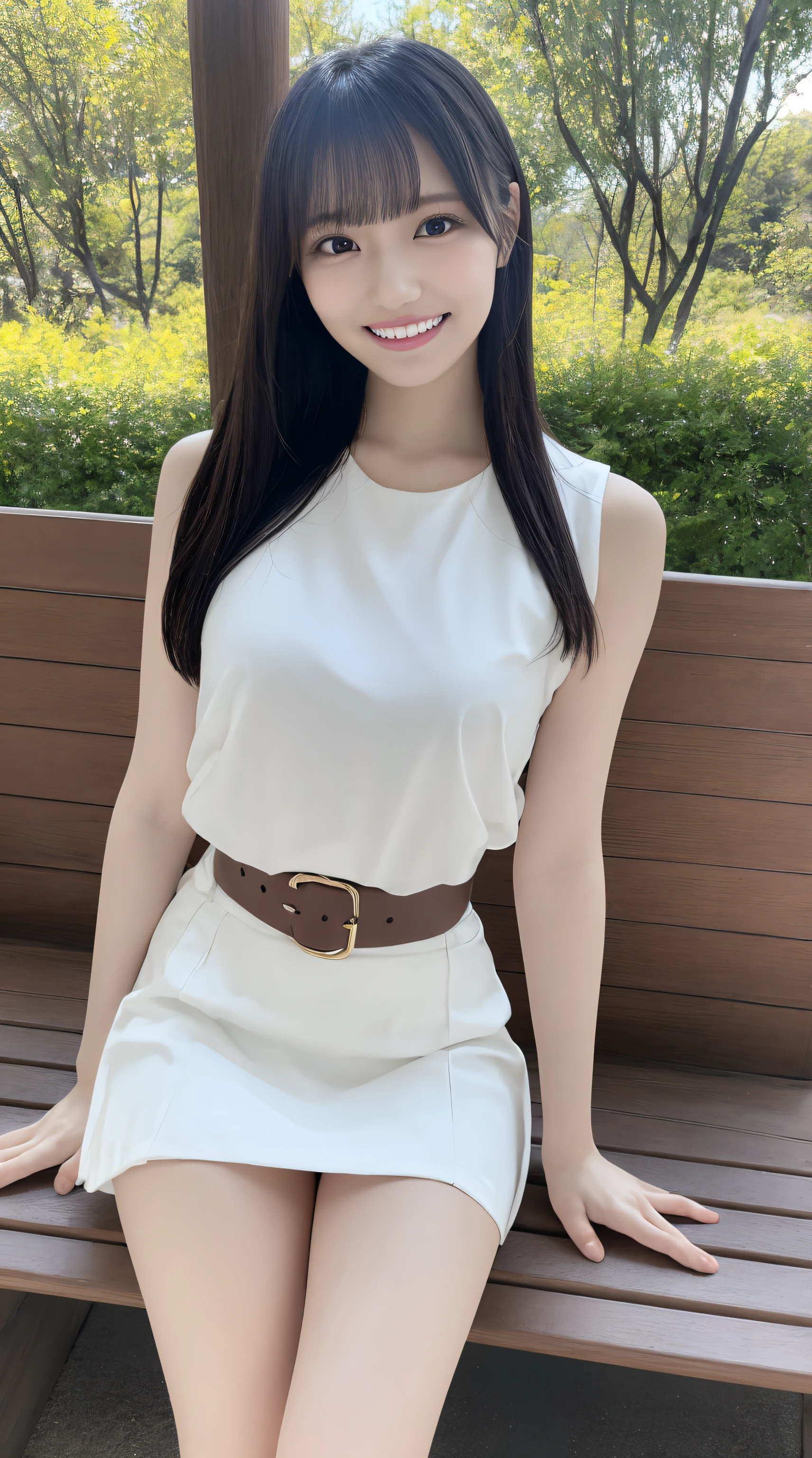 (Best Quality, masutepiece, Ultra HD: 1.3, High brightness, High color saturation), 1girl in, (middlebreasts), light brown hair, Asymmetrical hair, straight haired, Long hair, ( slender body shape, Constricted waist), (Ultra Fine Face), Delicate lips, (beautidful eyes), thin blush, eyes are brown, perfect glossy skin, View here, Smiling smile, ( hide one's hands), (Sitting on a bench), (thin and long legs, Thighs and toes:1.5), See-through white blouse, White tight skirt, (White pumps), (a japanese girl, hposing Gravure Idol), Broad-leaved forest, 135 mm, Fuji Film