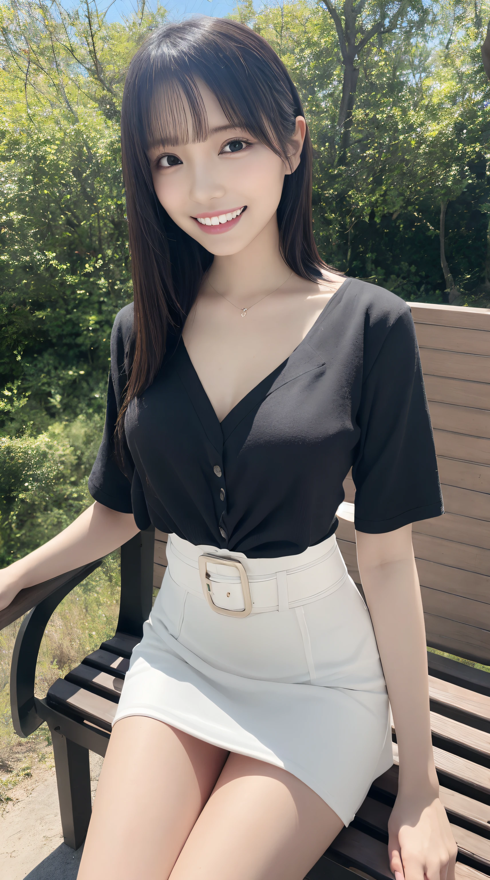 (Best Quality, masutepiece, Ultra HD: 1.3, High brightness, High color saturation), 1girl in, (middlebreasts), light brown hair, Asymmetrical hair, straight haired, Long hair, ( slender body shape, Constricted waist), (Ultra Fine Face), Delicate lips, (beautidful eyes), thin blush, eyes are brown, perfect glossy skin, View here, Smiling smile, ( hide one's hands), (Sitting on a bench), (thin and long legs, Thighs and toes:1.5), See-through white blouse, White tight skirt, (White pumps), (a japanese girl, hposing Gravure Idol), Broad-leaved forest, 135 mm, Fuji Film