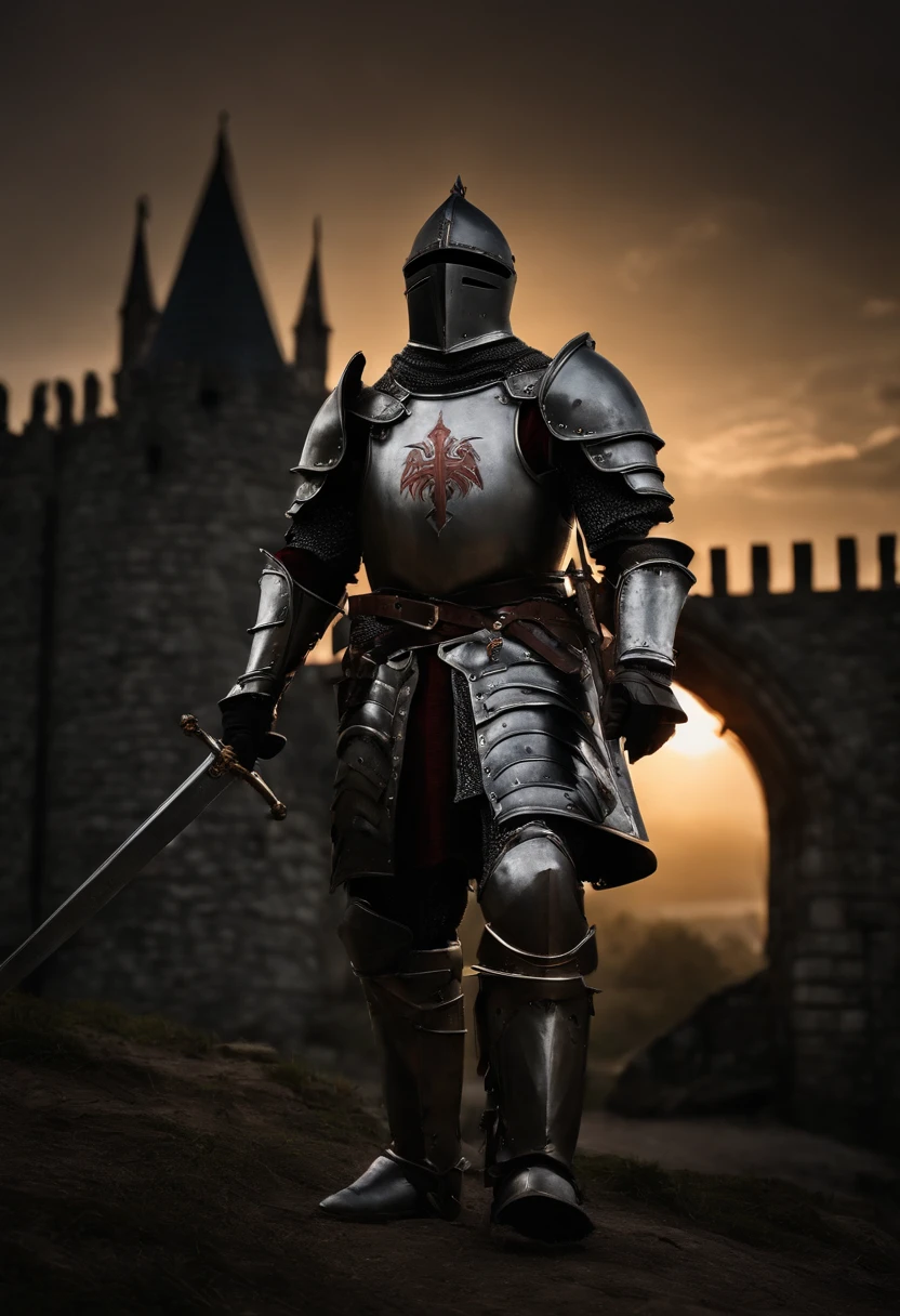 a knight in armor stands in front of a castle at night, dark souls knight, gothic knight, fantasy knight, scary knight, the dark souls knight, undead knight, strong fantasy knight, evil knight, knight, knights, wretched and corrupted knights, medieval dark fantasy, (((knight))), knight armor, skeleton knight, from ncsoft, blood knight