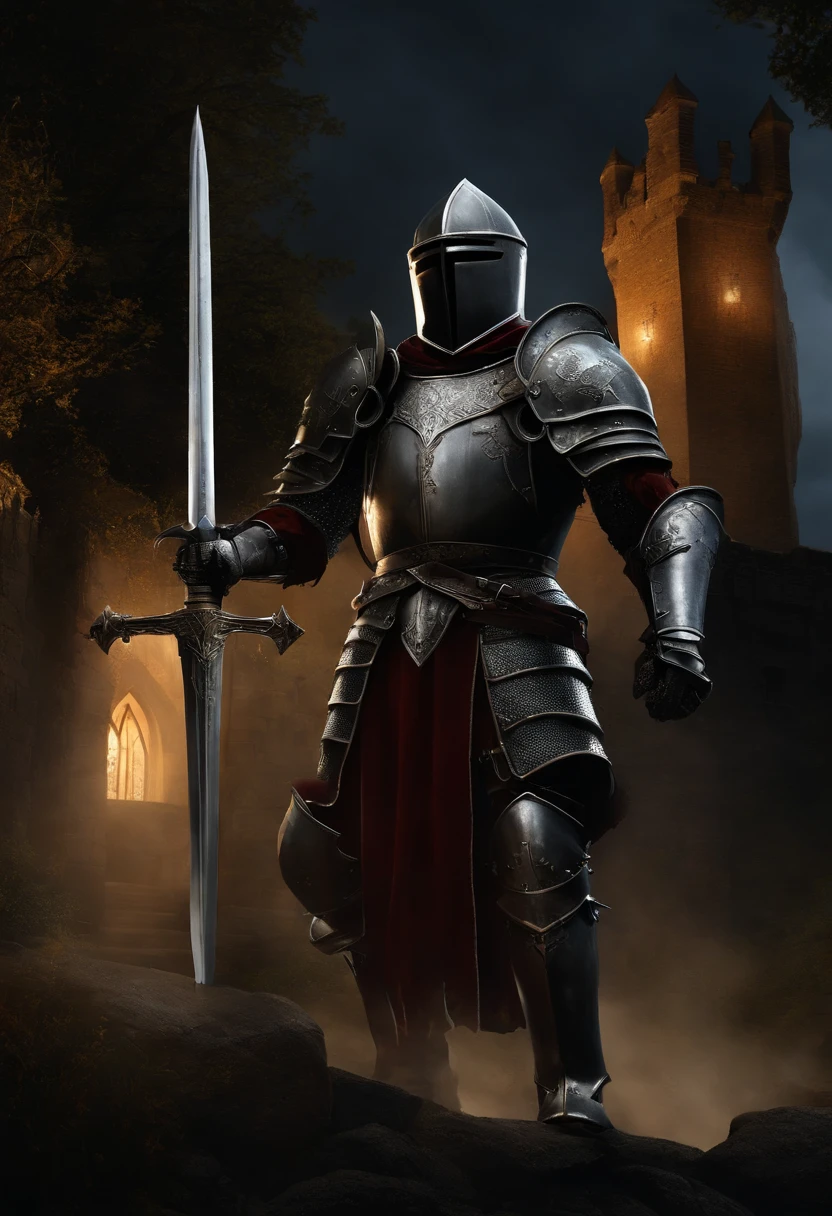 a knight in armor stands in front of a castle at night, dark souls knight, gothic knight, fantasy knight, scary knight, the dark souls knight, undead knight, strong fantasy knight, evil knight, knight, knights, wretched and corrupted knights, medieval dark fantasy, (((knight))), knight armor, skeleton knight, from ncsoft, blood knight