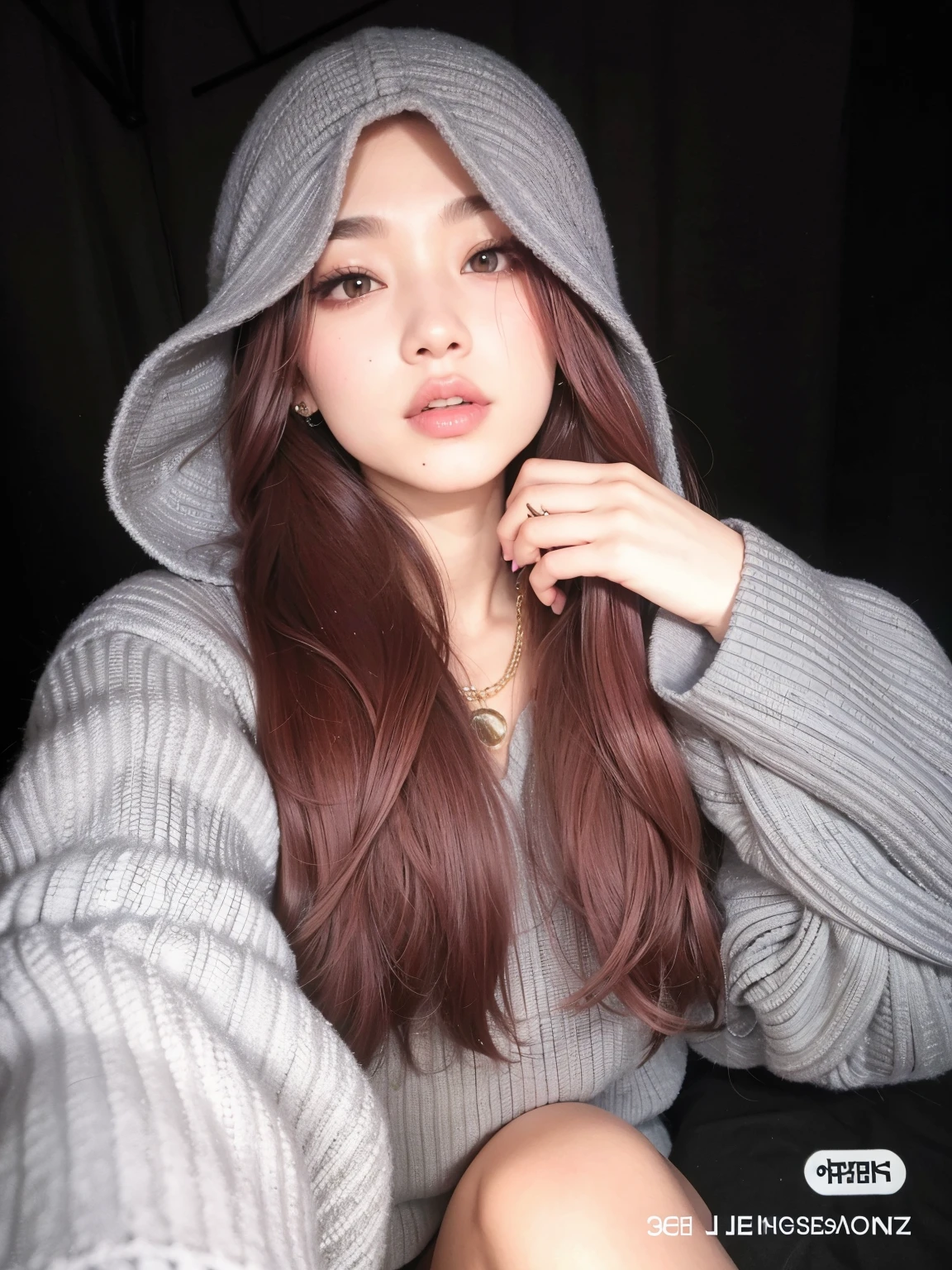 mulher arafa com cabelo ruivo e um moletom cinza, Ulzzang, vestindo capuz, com capuz, com cabelos longos, com cabelos ruivos, cruel korean goth girl, com longos cabelos ruivos, inspirado em Ayami Kojima, jennie blackpink, com cabelos longos e olhos penetrantes, usando capuz, com cabelos castanhos, jossi do blackpink, com cabelos longos brancos